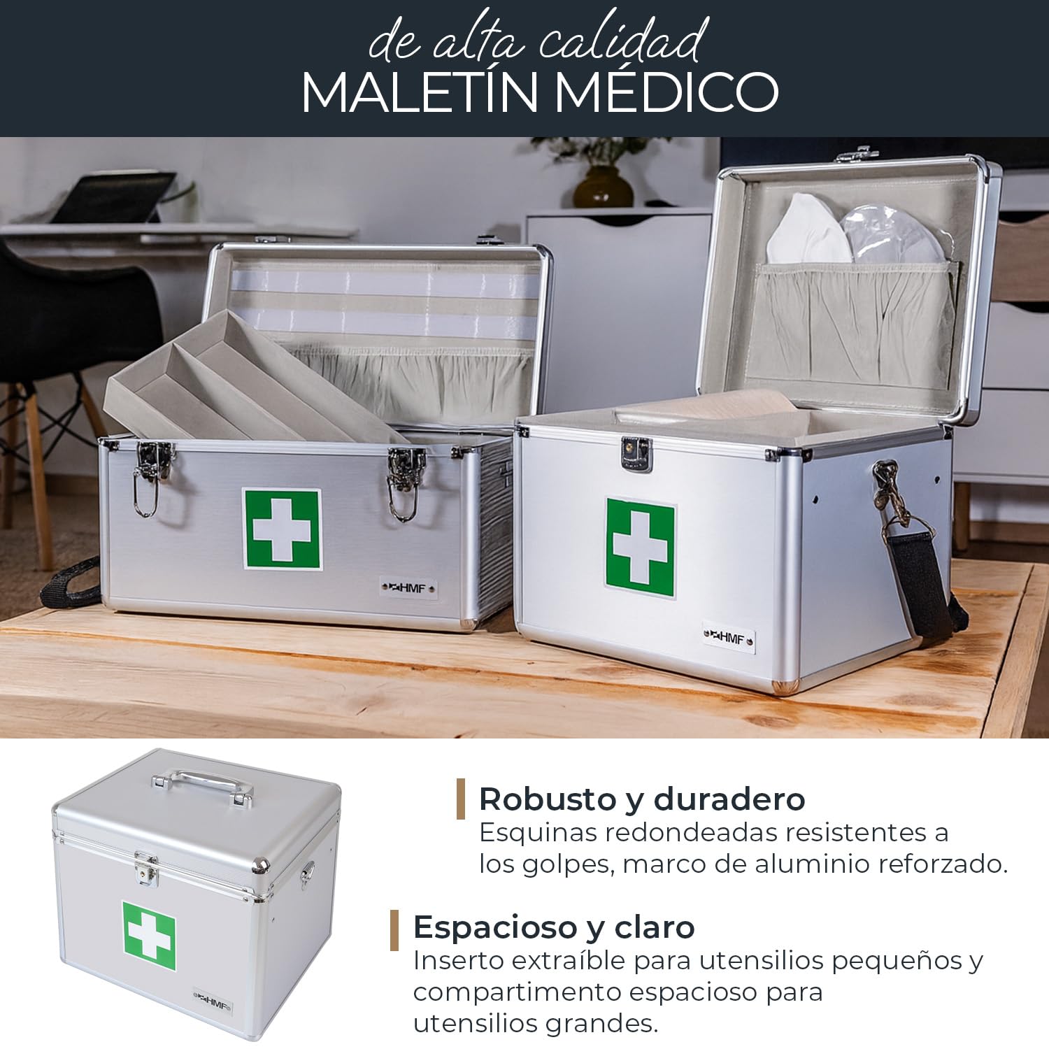 HMF Maletín de Primeros auxilios, Botiquín Médico de Aluminio, Caja de Emergencia con Asa | 30 x 25 x 25 cm
