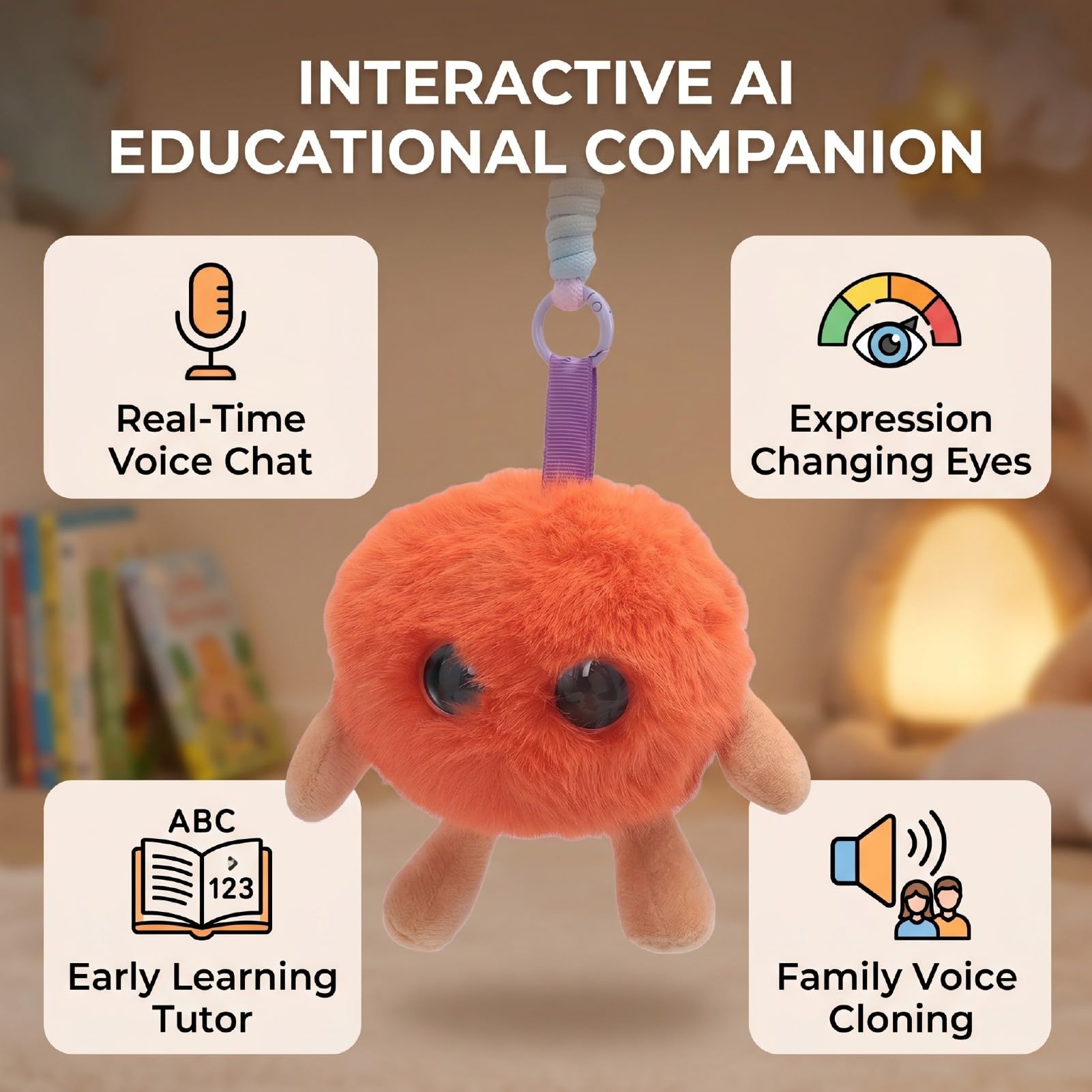 Juguete de Peluche Inteligente con IA, 8 X 10 Cm, USB Tipo C, Batería de 1000 MAh, Compañero de Aprendizaje Multilingüe con Ojos Expresivos, Control de Aplicación para Niños (Orange)