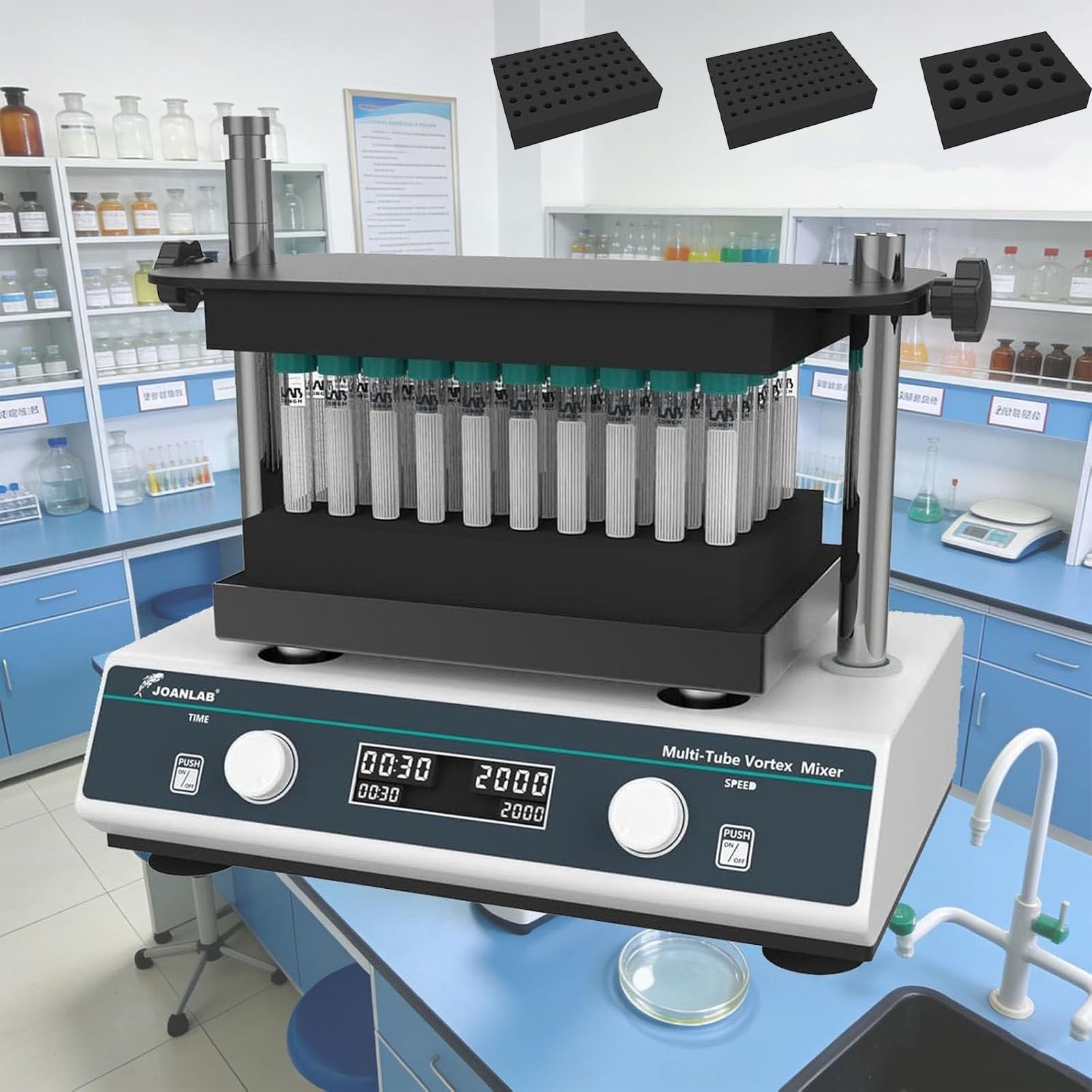 PioMue Vortex Mixer Adjustable Speed 500~3000rpm Lab Shaker for Multi-Sample Mixing,3 Lab Modules,4 mm Horizontal Swing,for Laboratory Applications