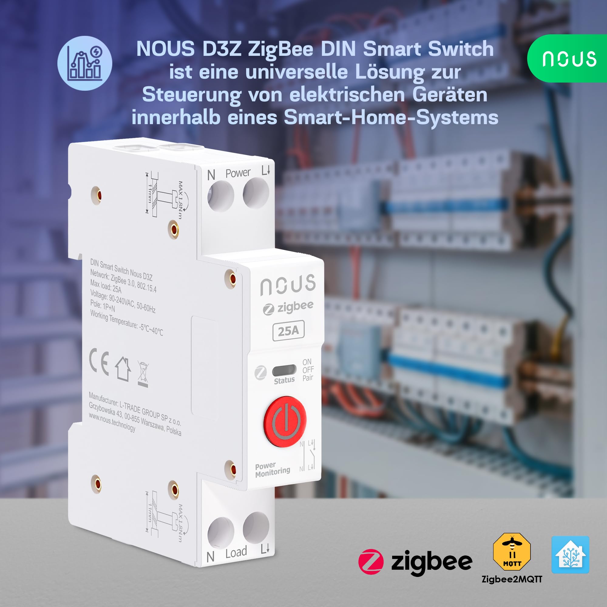 Nous Zigbee DIN przełącznik szyny montażowej, 25 A, inteligentny przełącznik z monitorowaniem energii, kompatybilny z Zigbee2MQTT, Home Assistant, Alexa i Google Home, zdalne sterowanie aplikacją,