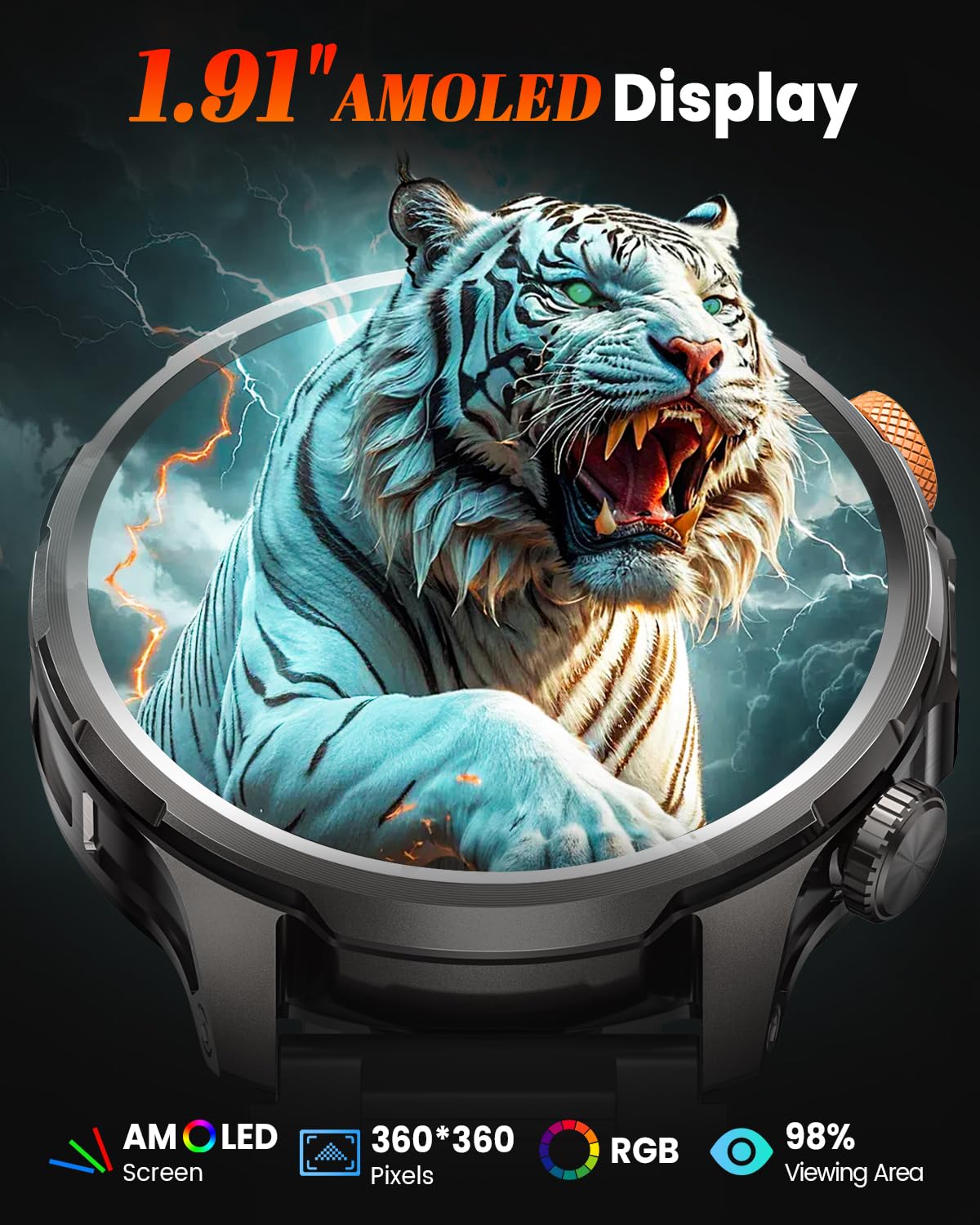 NAIXUES Smartwatch Uomo Militare con 1000mAh/Torcia LED/5ATM, 1,91" AMOLED Smartwatch Fitness con Chiamate/110+ Modalità Sportive/Cardiofrequenzimetro/SpO2/Sonno/Notifiche Messaggi Android iOS Nero
