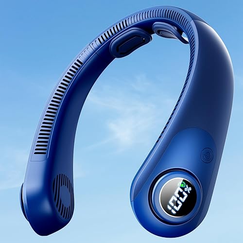 Ventilador de cuello portátil con pantalla LED, refrigeración manos libres de 5 velocidades, soporte para el cuello, ligero, funciona con pilas,