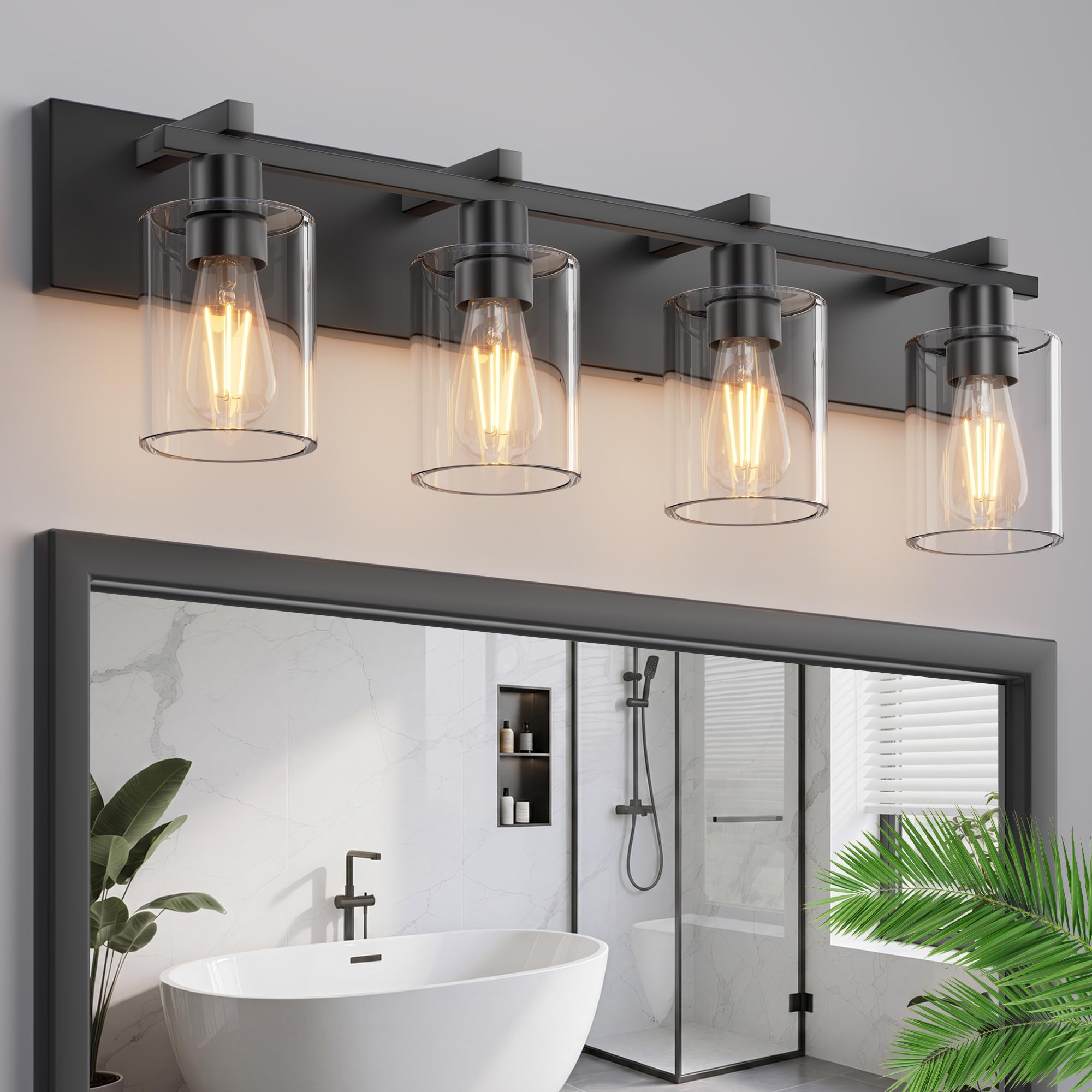 Bathroom Vanity Light,4 Light Matte Black Light Fixture with Thickened Clear Glass Shade, 30 inch Modern Wall Sconce, Bathrooms Vanity Light Over Mirror for Bathroom