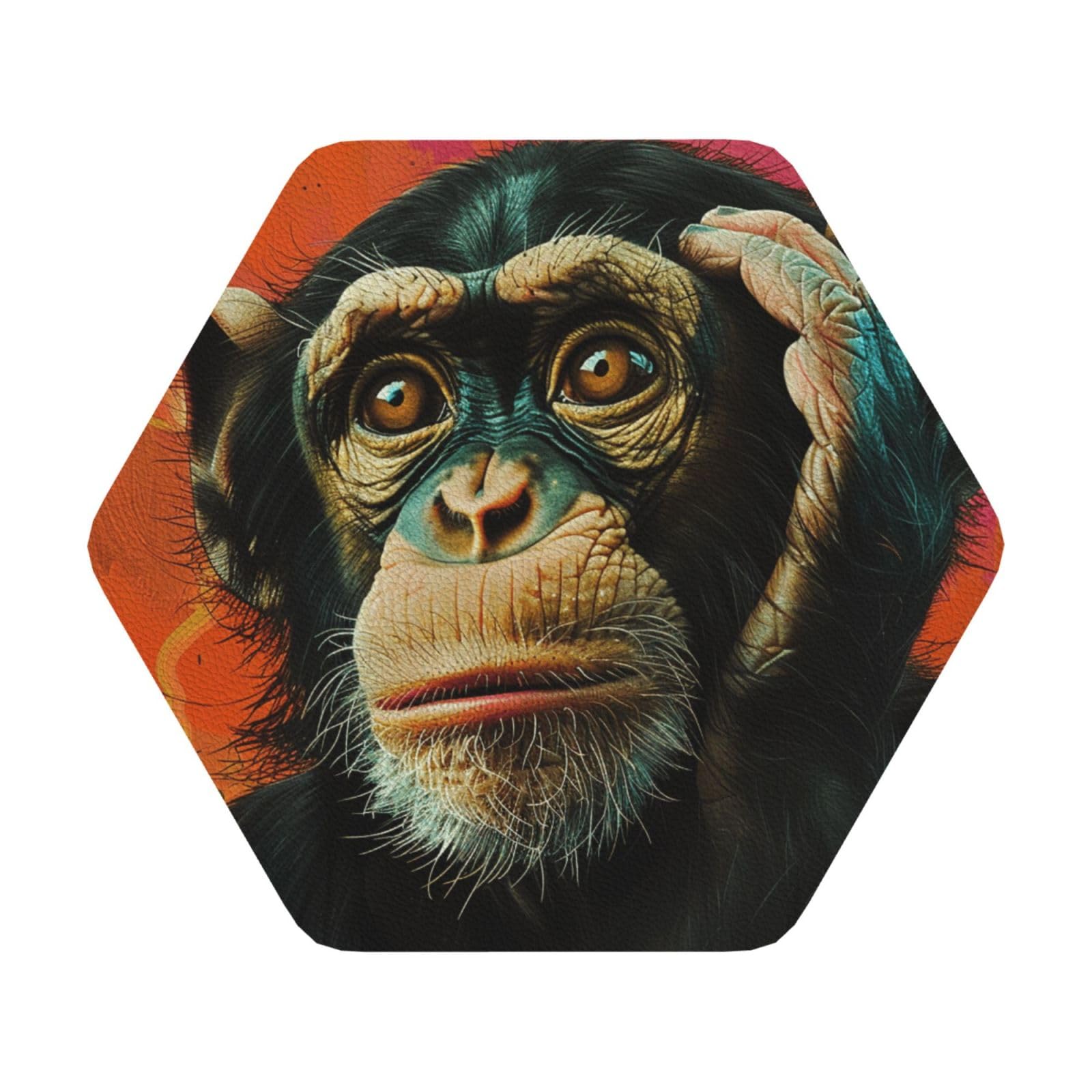 Monkey Print Leather Coaster Set of 6, Hexagon Coasters Table Decorative Coffee Cup Beverage Coasters Wine Beer Bar Coasters for Hot Drinks Table Protection