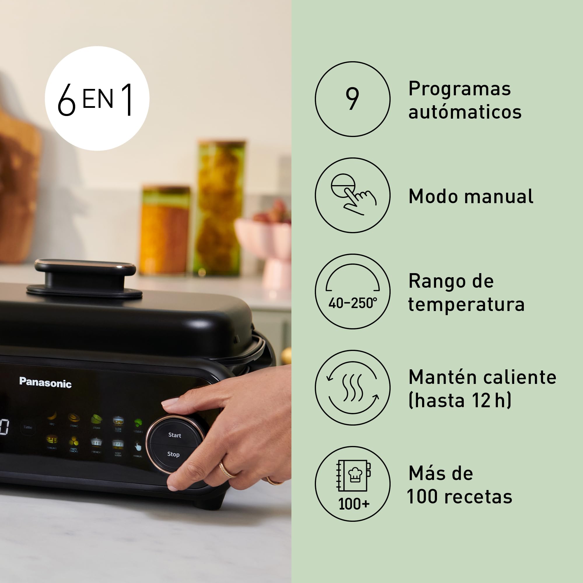 Panasonic NF-GM600 Multi Cooker 6 en 1, Grill Electrico, Freír, Cocción Lenta, BBQ, Vapor, Saltear, 1400W, 40–250°C, 9 Modos Automáticos, Extractor de Humo, Bandejas aptas para lavavajillas