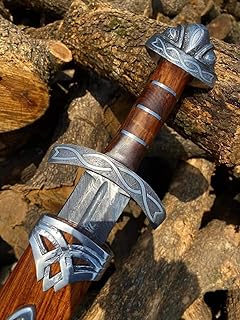 Wazir Crafts 37" Handmade Damascus Steel Real Viking Style Sword | Full Tang Blade with Wooden Handle and Scabbard | Collectible Medieval Replica|Gift for him (WCS-04)