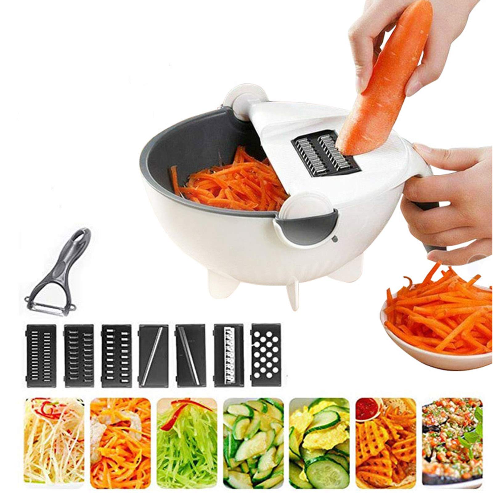JAY-LONGMultifunction Vegetable Chopper with 7 Stainless Steel Blades, Drain Basket Vegetable Cutter with Potato Peeler, Kitchen Accessories