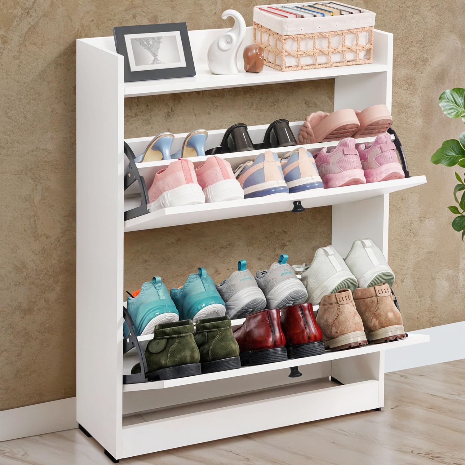 ABOUT SPACE Shoe Rack for Home - 3 Ft 2 Tier Tilt Out Door Slim Shoe Cabinet | 12-15 Pairs Vintage Slipper Stand with Anti-Tipping Protection & Removable/Adjustable Panels - Engineered Wood - White-image-25