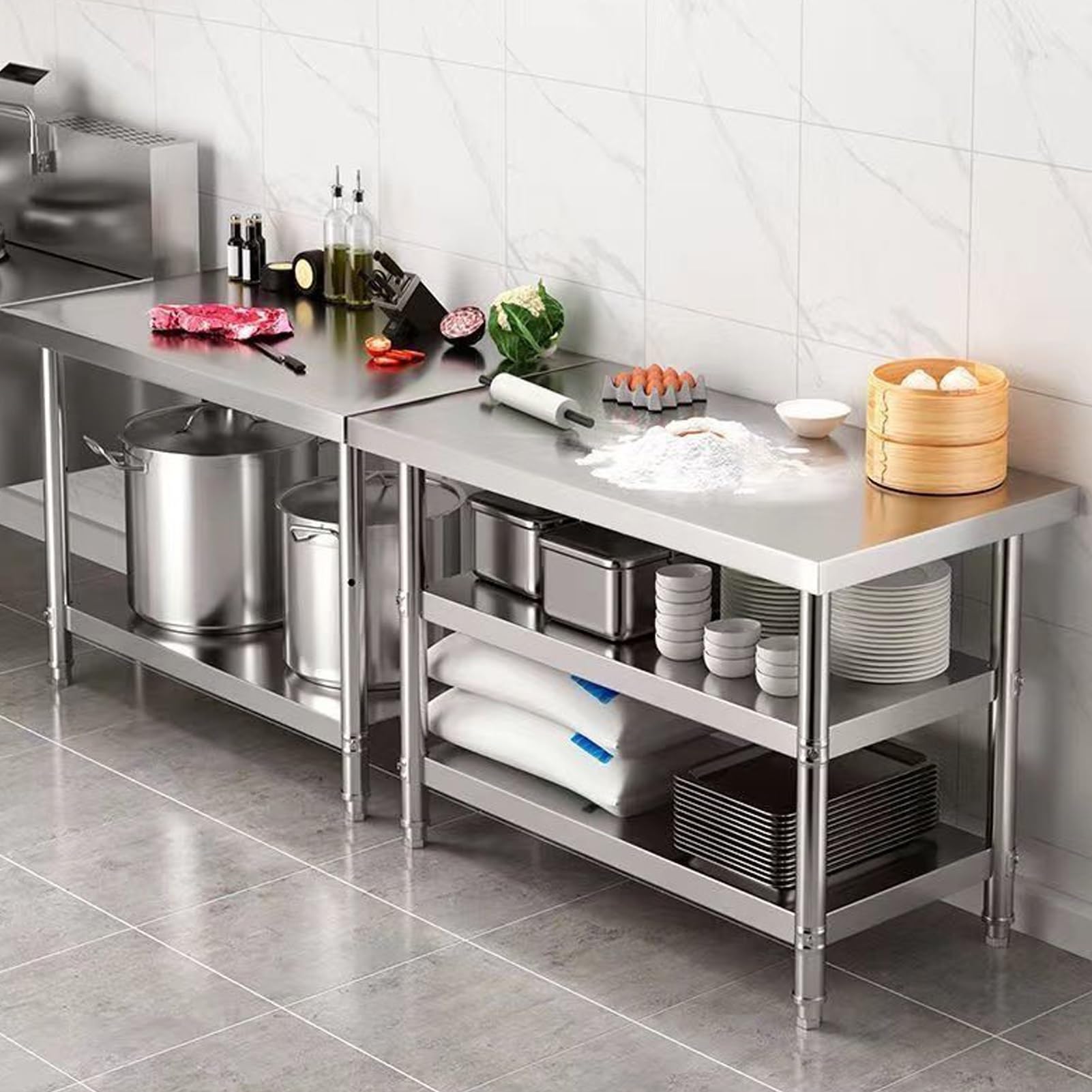 Tavolo da Lavoro in Acciaio Inox per cucine Professionali, Gambe Regolabili, tavsterni per ristoranti e Hotel, postazione di Preparazione Alimenti, Tavolo Centrale per Catering, 120x60x80 cm