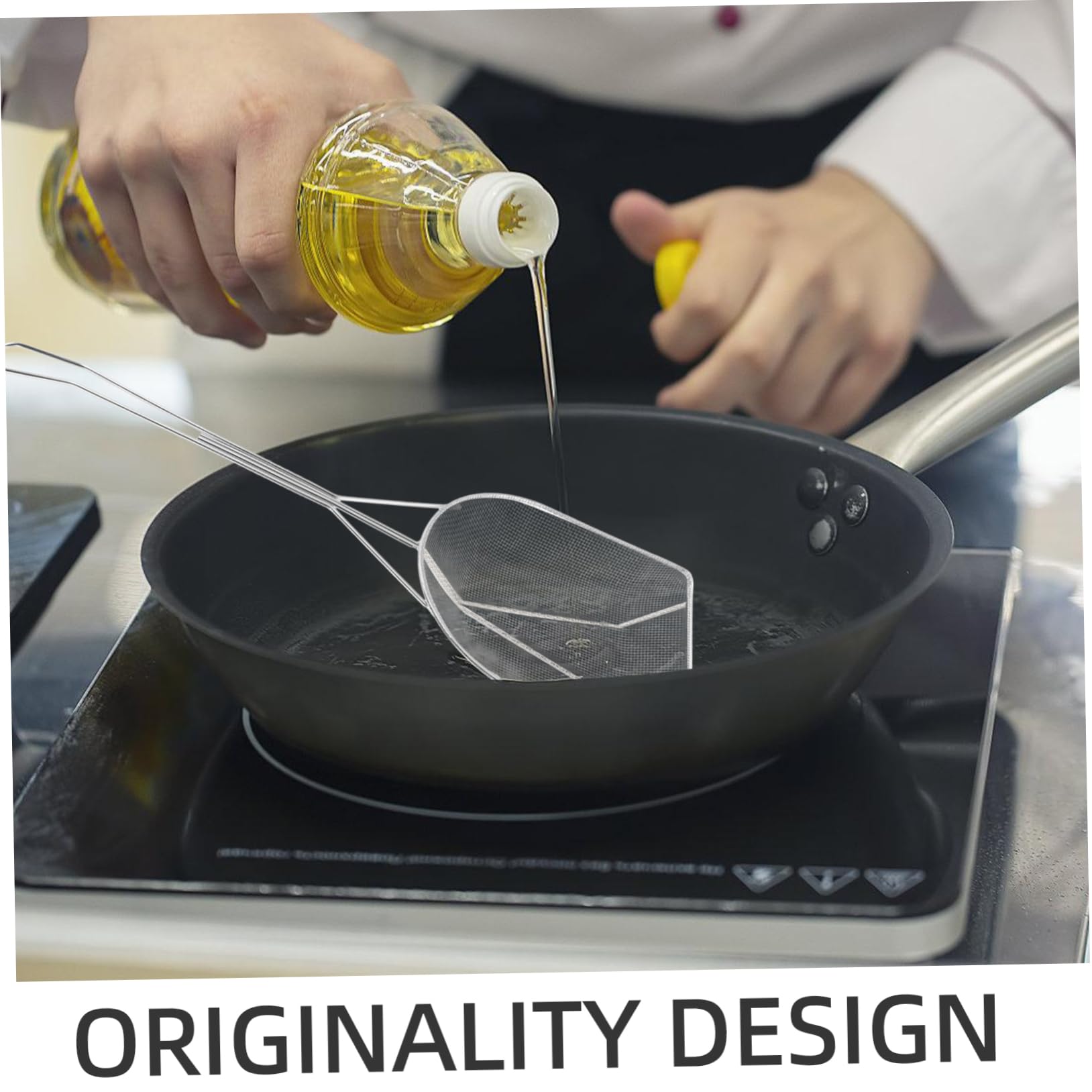 BEBEMOKO Stainless Steel Slotted Spoon Oil Residue Skimmer for Frying Coarse Mesh Filter Spatula for Chicken Fries and More and Easy to Clean