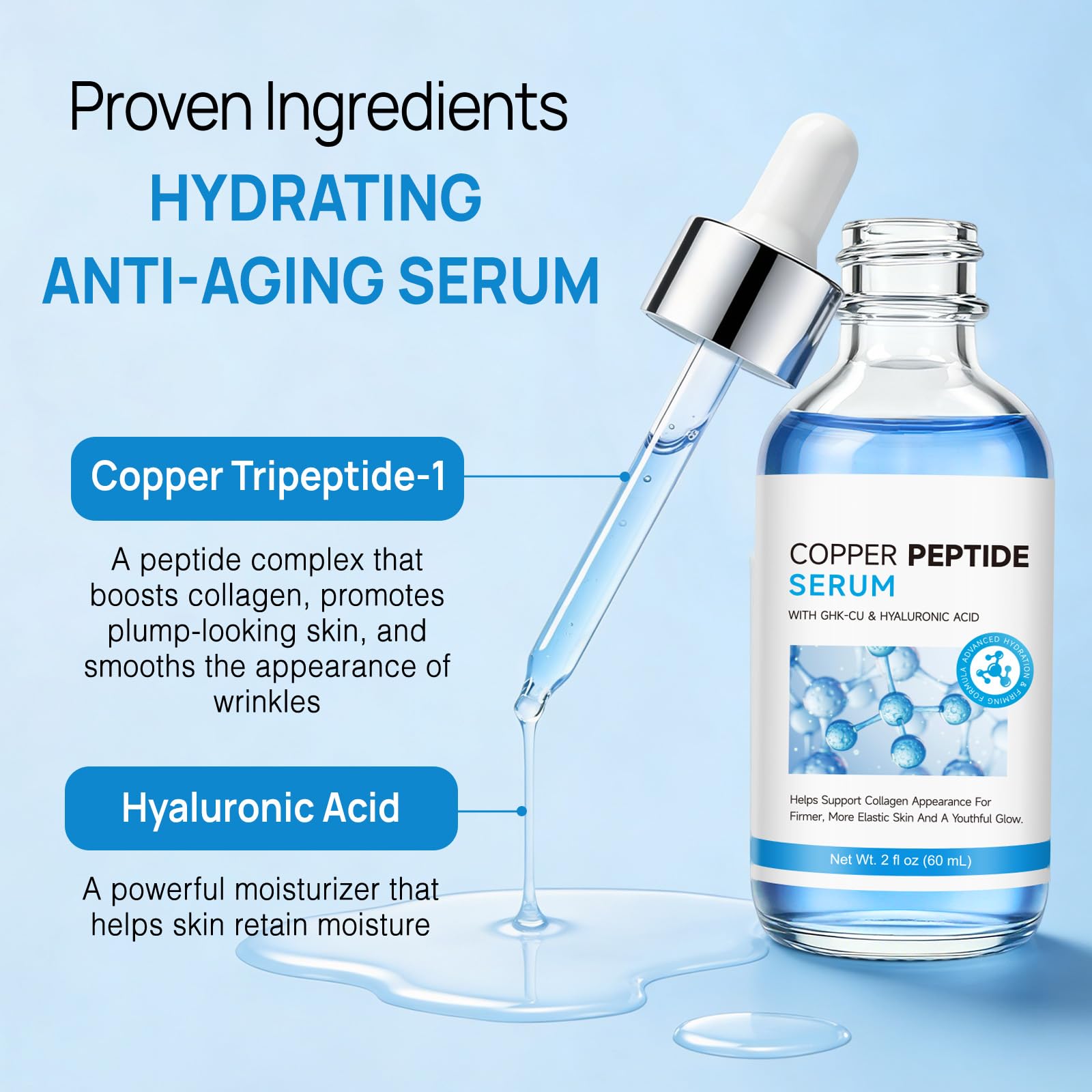 Serum do twarzy z peptydem miedzi, 120 ml, przeciw starzeniu się skóry dla kobiet i mężczyzn, nawilżające serum peptydowe, ujędrniająca pielęgnacja skóry twarzy i szyi, przeciw zmarszczkom i drobnym