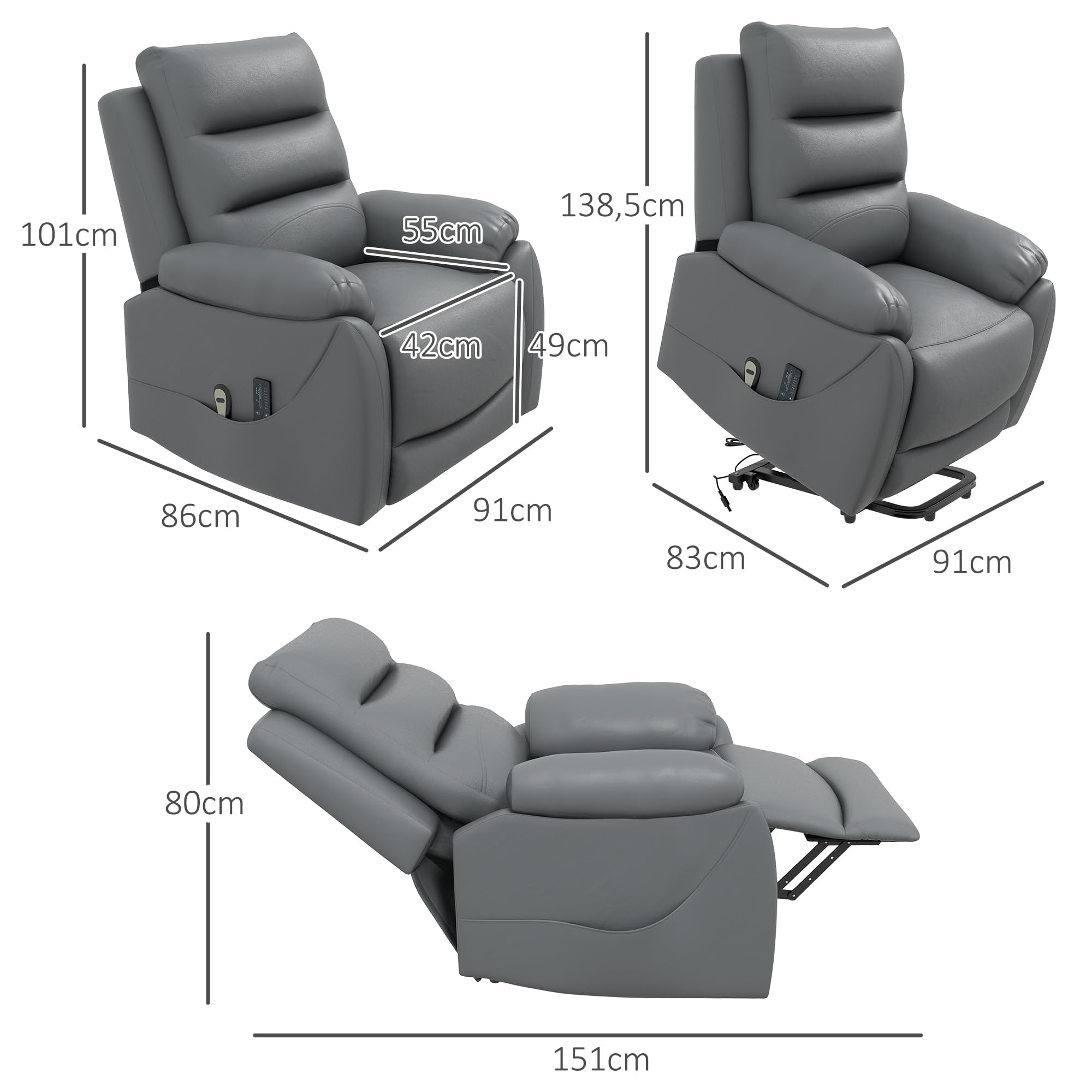HOMCOM Poltrona Alzapersona Reclinabile fino a 135° e Imbottita con 8 Punti Massaggianti, Telecomando e Poggiapiedi, 91x86x101 cm, Grigio