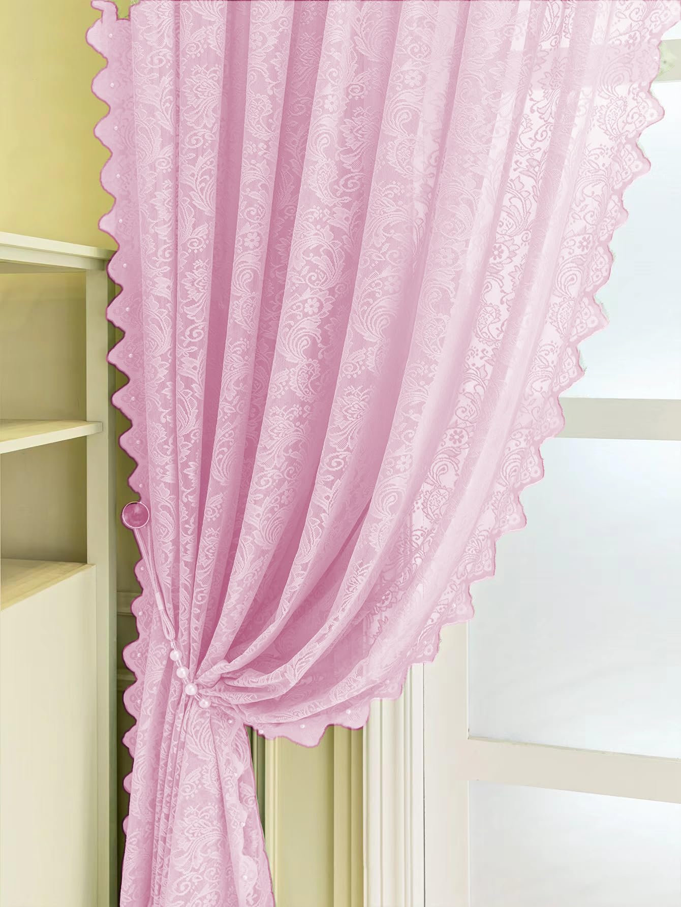 F-CHU Pink Net Curtains for Windows 72 drop Voile Curtain Sheer Lace Curtain for Living Room Decor 2 Panels 55 W x 72L Inch (140cm x 183cm) Pink Curtains - Image 2