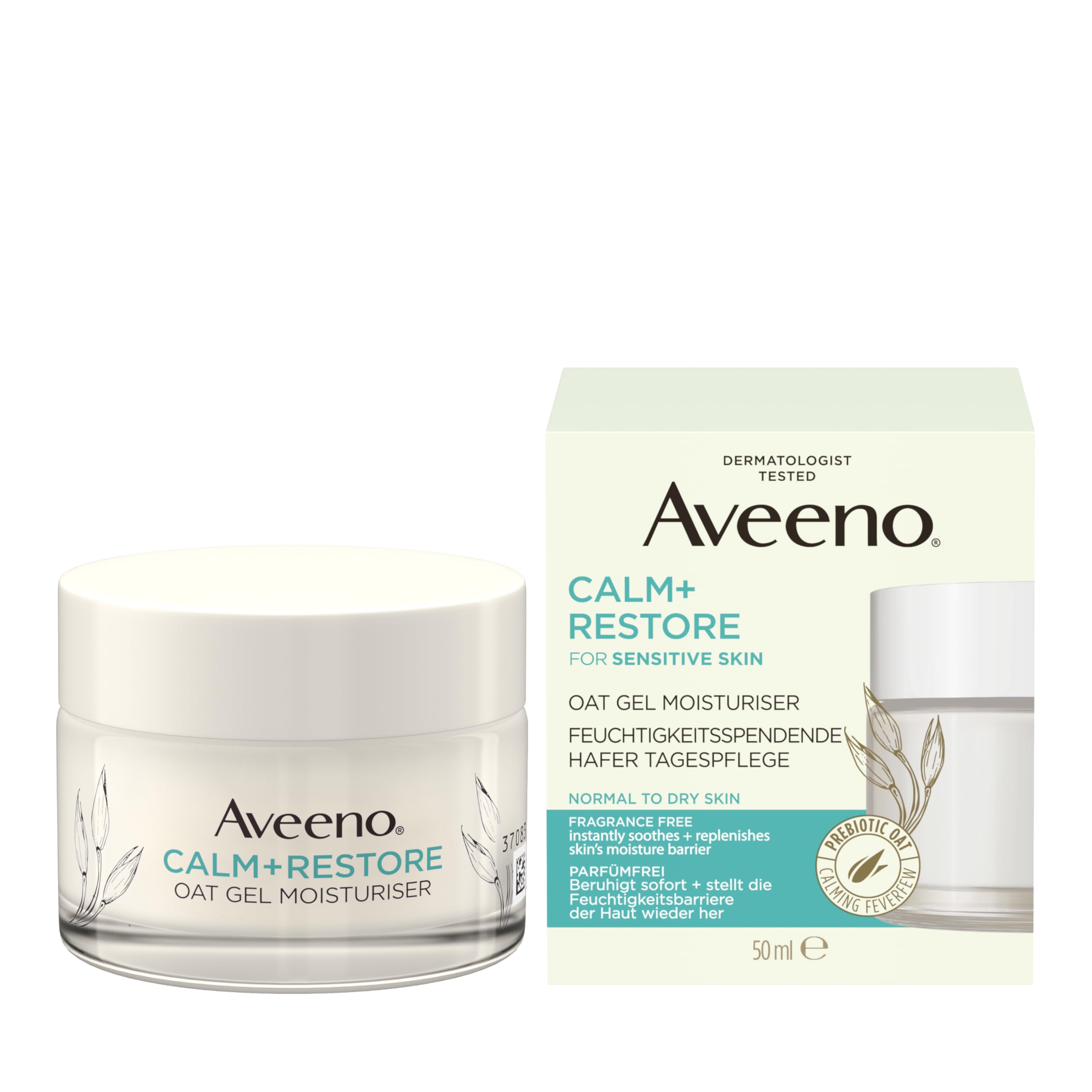 Aveeno CALM+RESTORE Tagespflege mit präbiotischem Hafer und Mutterkraut – beruhigt empfindliche Haut, spendet 24h Feuchtigkeit und stärkt die Hautbarriere mit leichter Textur, parfümfrei