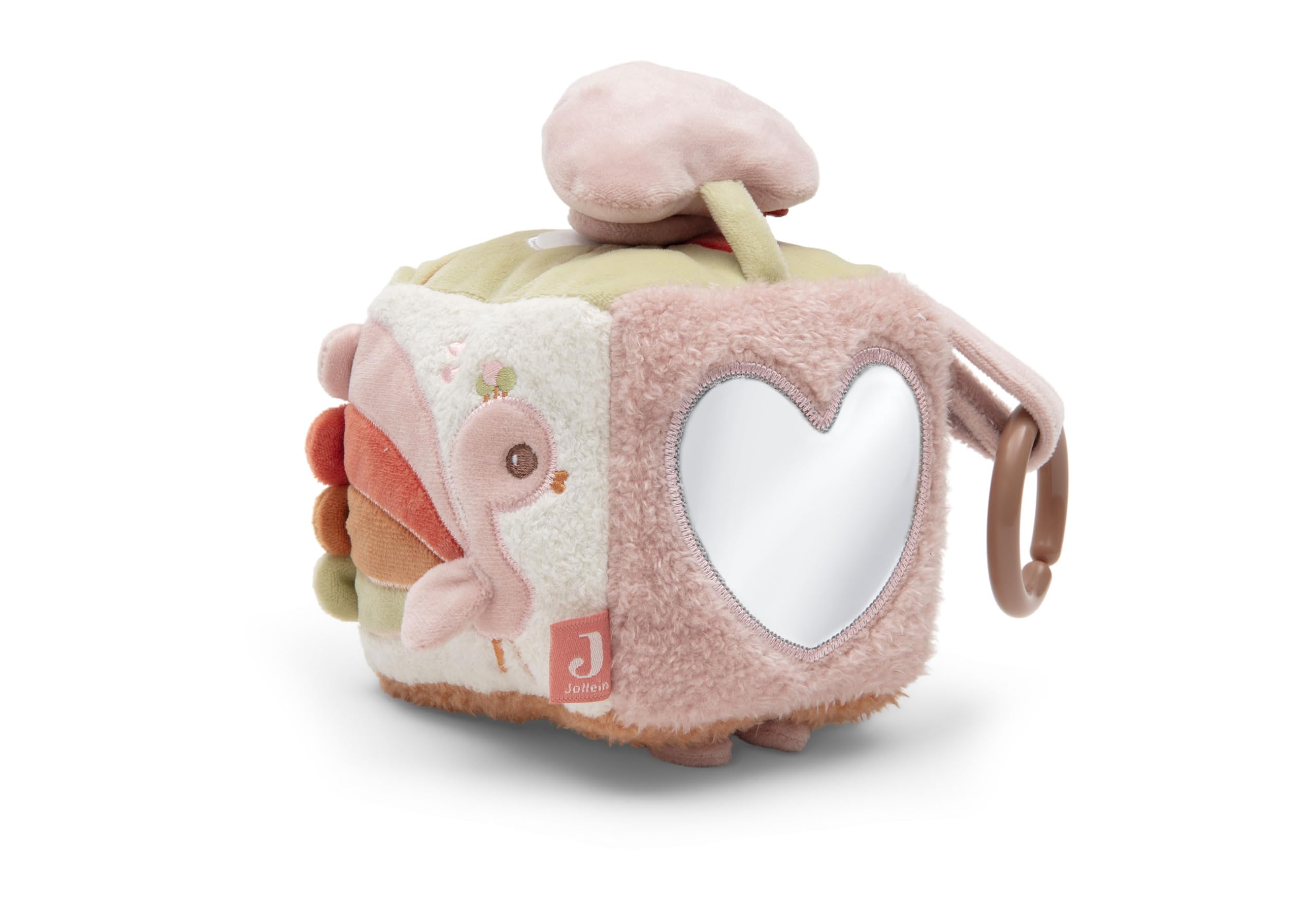 Jollein Motorikwürfel - Spielwürfel Baby mit Spiegel, Knister & Greifelementen - Mit Befestigungsring - Baby Spielzeug - Fördert Sinne & Motorik - Soft Plumes - 10x10 cm
