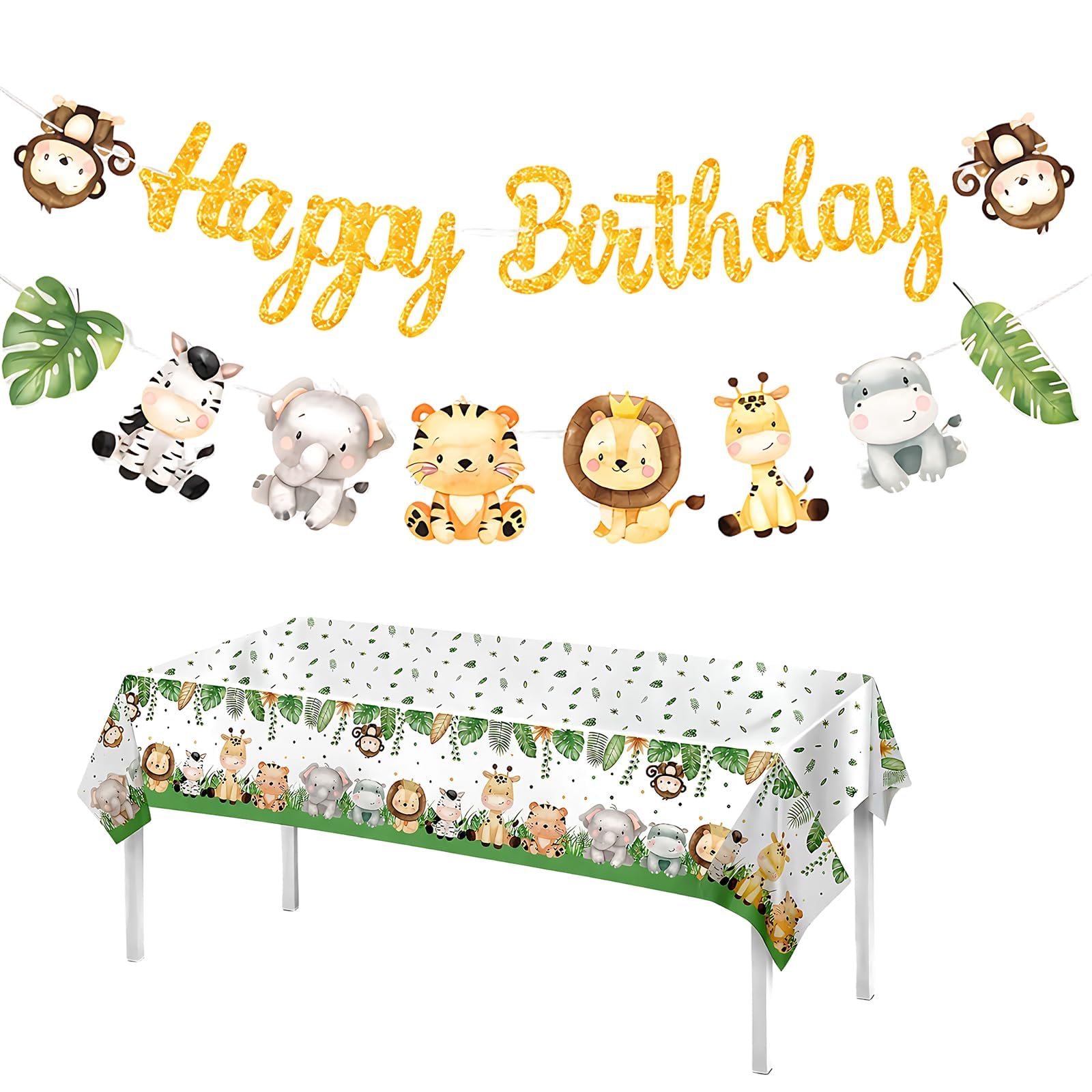 3Pcs Birthday Decorations, Jungle Theme Party Decorations, Animal Party Decorations, Two Bunting Flags And One Coordinating Table Cover For a Cohesive Look
