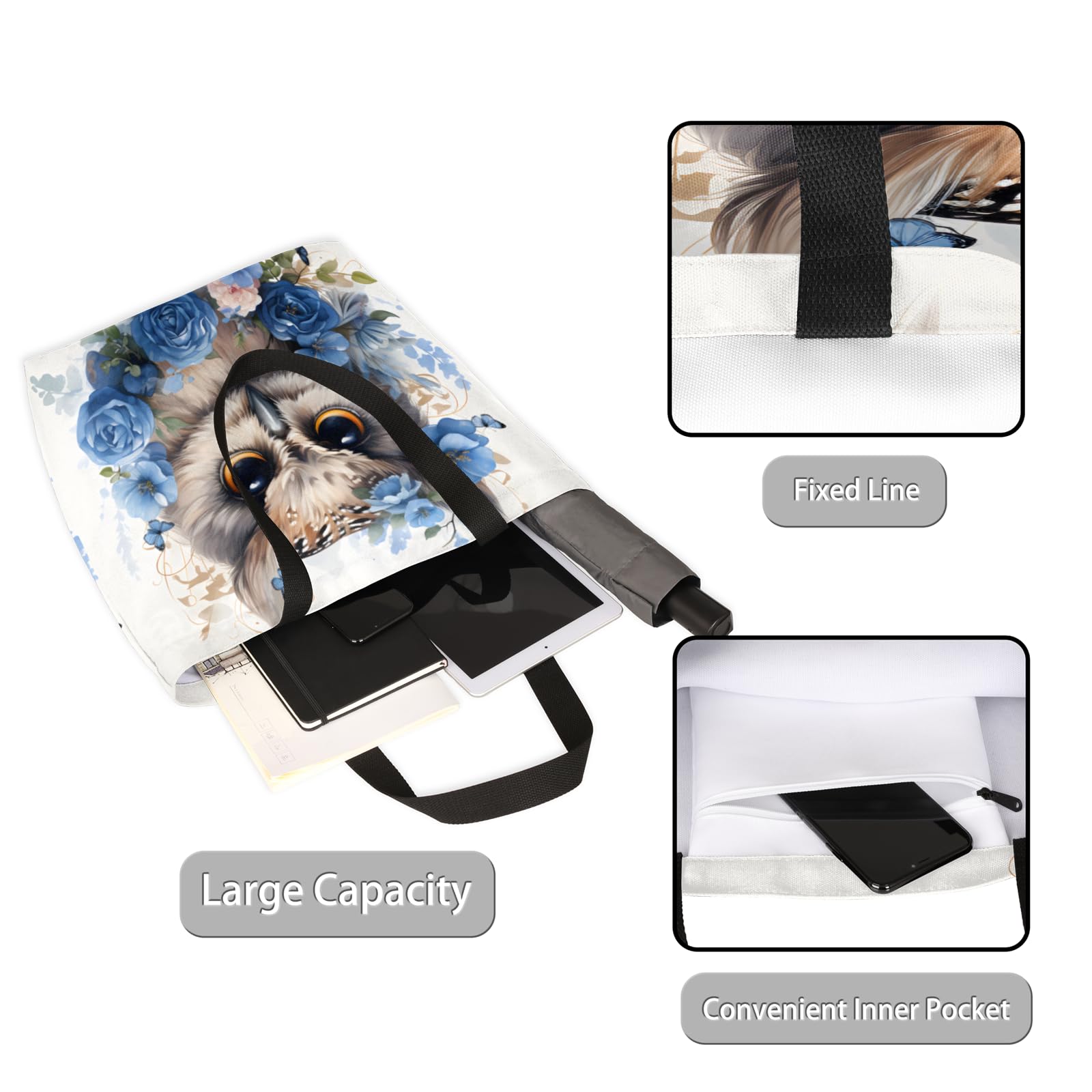 Mularoka Cute Owl Wreath Watercolour Large Capacity Canvas Tote Bag Stylish Handheld Shoulder Bag Reusable Shopping Bag for Work Travel Beach Trips Shopping