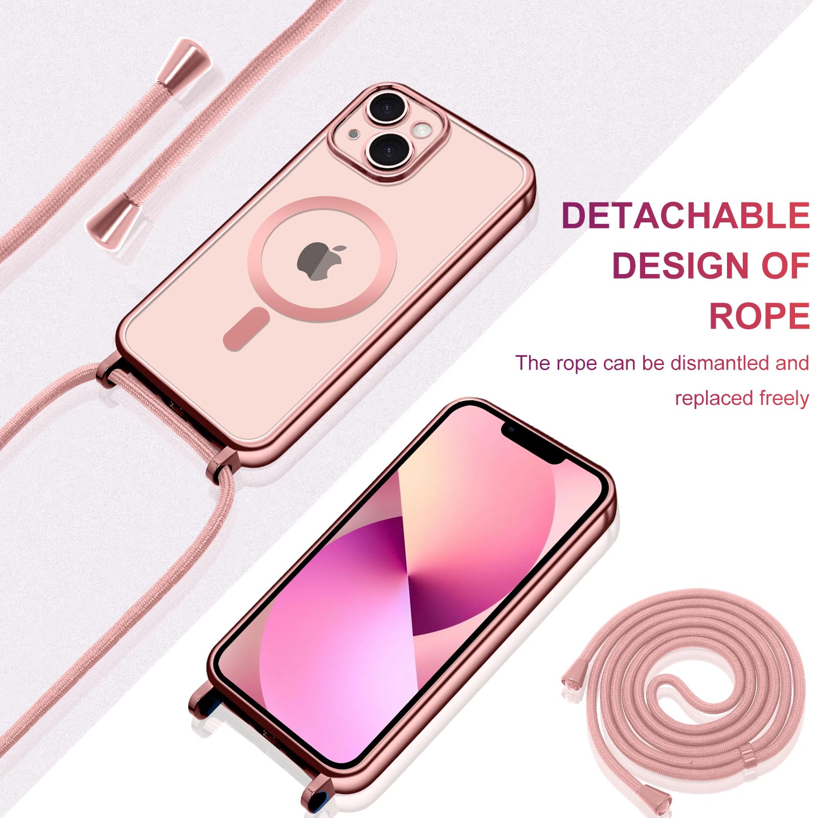 Knrlqim Magnetica Cover con Cordino per iPhone 12/iPhone 12 Pro,Compatibile con Magsafe,Custodia con Laccio Collana Tracolla Corda,Cornice Ondulata Traslucida Opaca Antiurto Protettiva Case,Rosa