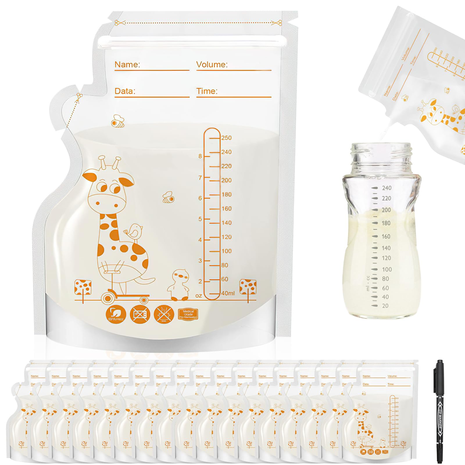 ZOCONE 60 Pièces Sachet Conservation Lait Maternelle, 250 ML Sac Congélation Lait Maternel, sans BPA, Sac Lait Maternel Congelation Avec Échelle, Sachet Lait Maternel