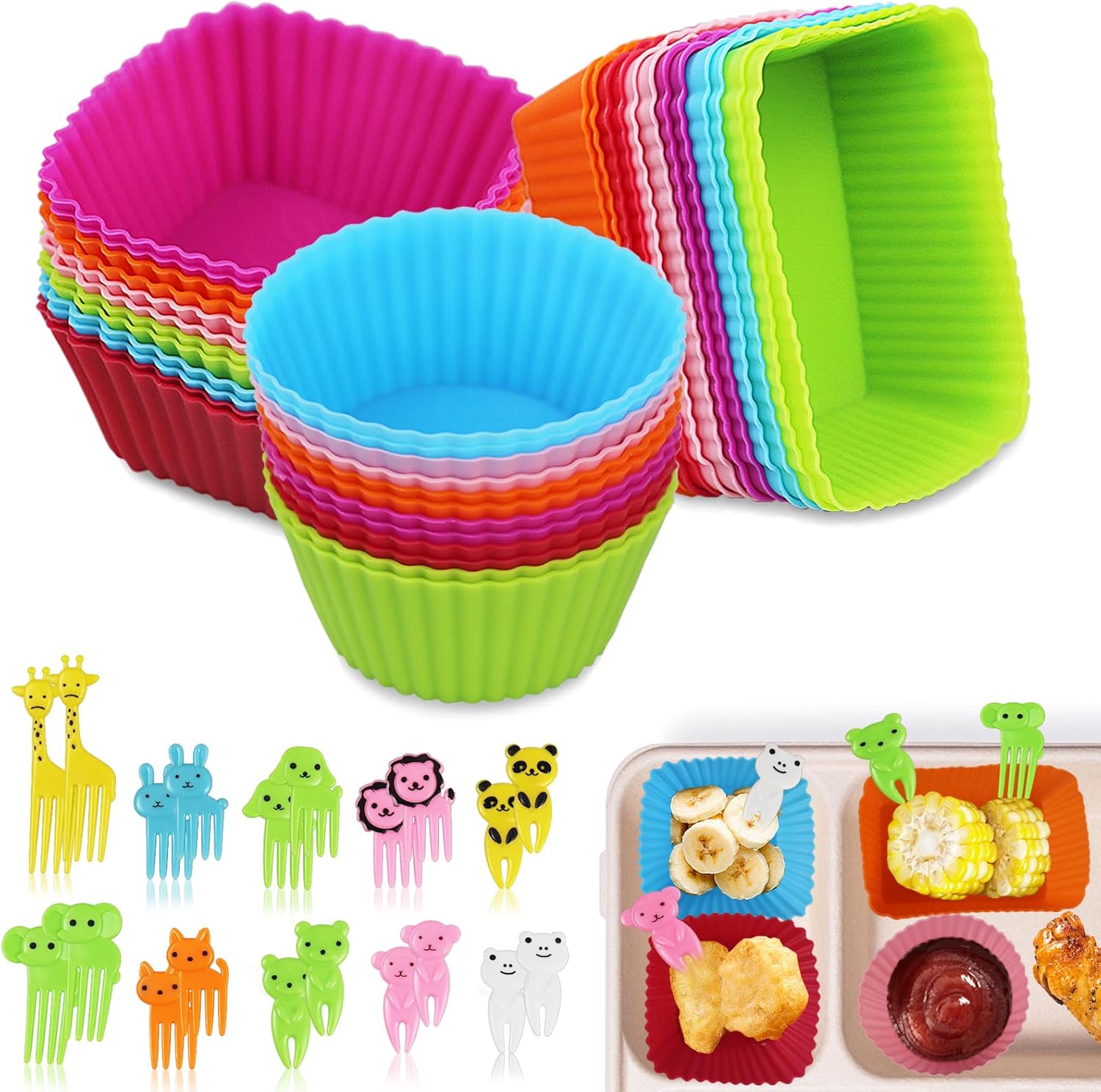 36pcs Silicone Cupcake Cases Set, NonStick Reusable Silicone Cupcake Liners with Fruit Forks