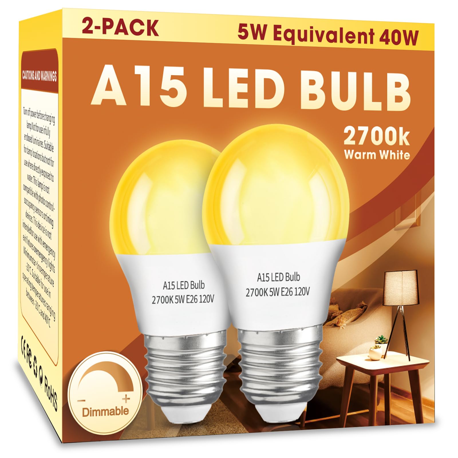 LOXYEE A15 LED Light Bulb 2 Pack，5W 2700K Warm Light Table Lamp Bulb Equivalent 40 Watt Light Bulbs,120V E26 Base Small Light Bulb for Home Light,