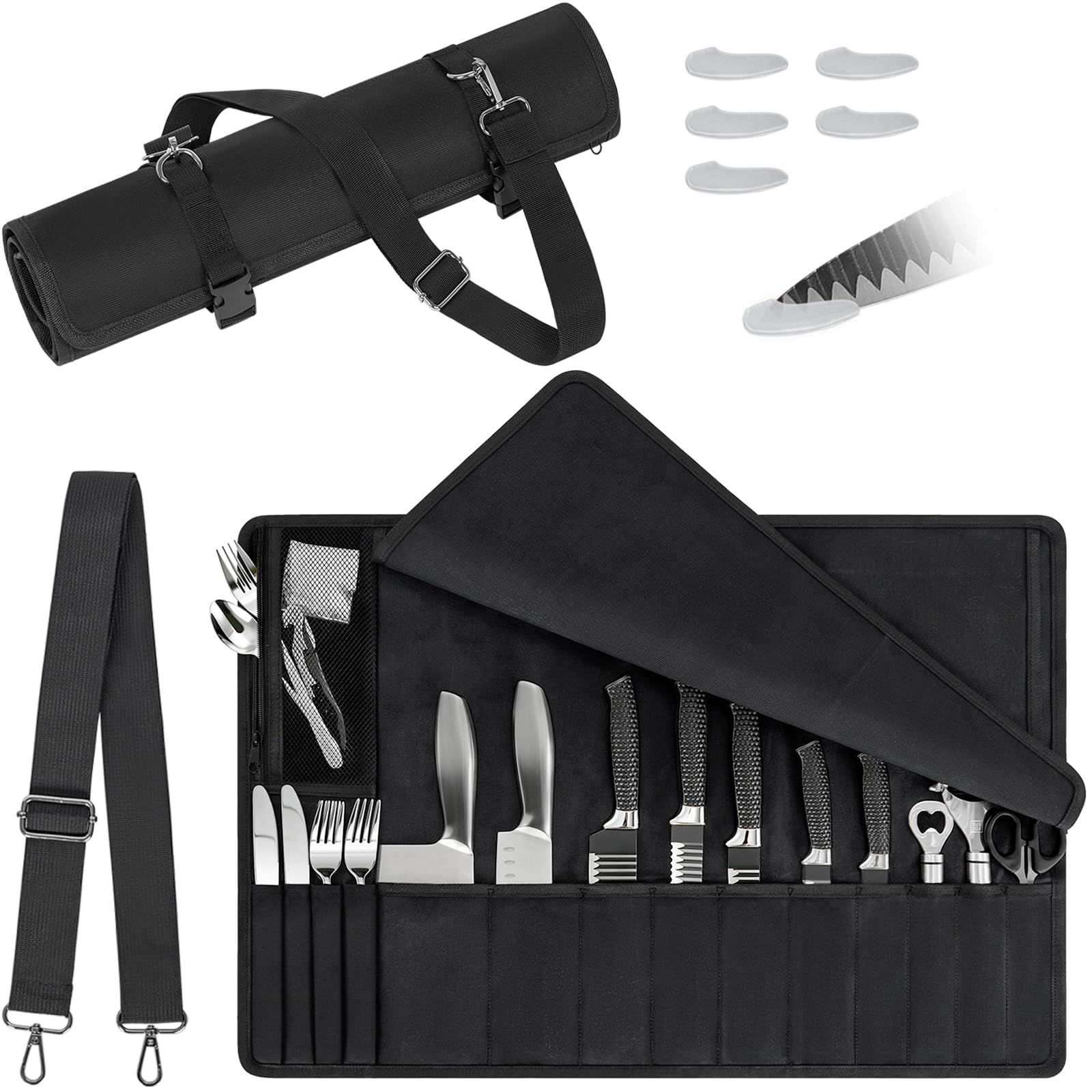 OUUTMEE Chefs Knife Roll Bag 14 Slots,Heavy Duty Waxed Canvas Knife Bag,Waterproof Knife Case with Shoulder Strap,Portable Culinary Tool Roll Carrier for Camping,Hiking Black