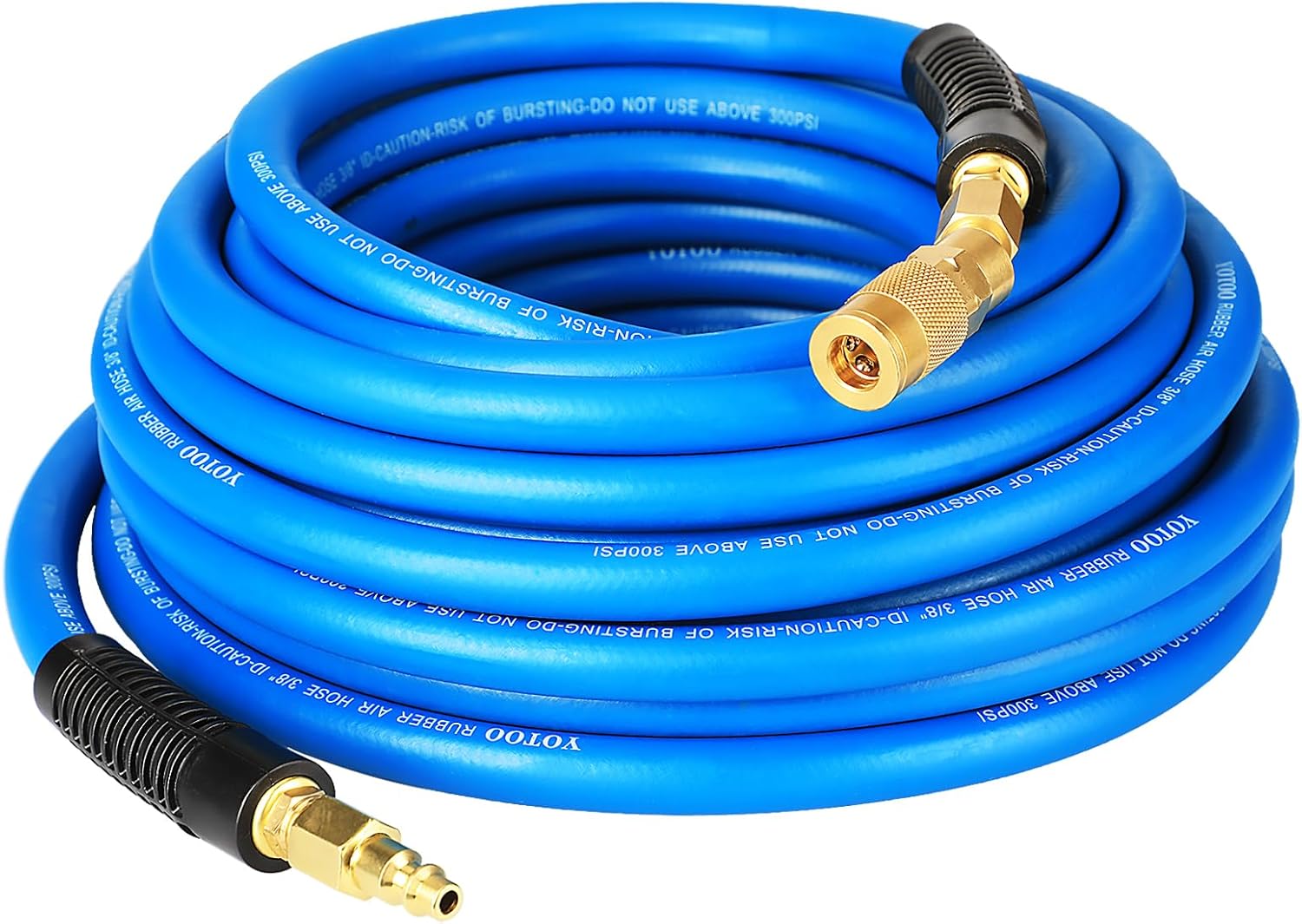 YOTOO Rubber Air Hose 3/8-Inch by 50-Feet 300 PSI with 1/4" Industrial Swivel Solid Brass Quick Coupler, Plug and Bend Restrictors, Blue
