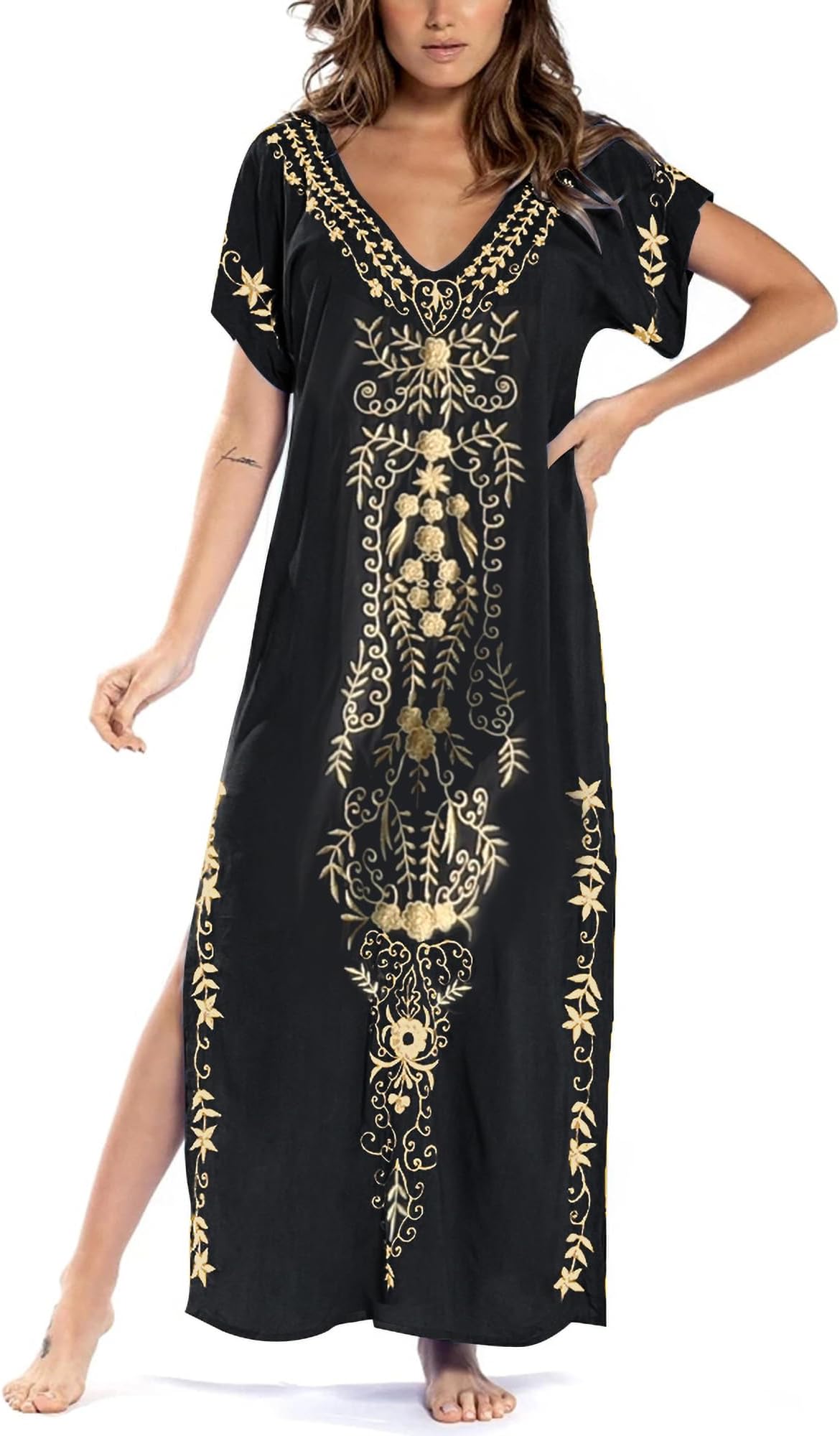 Gold Embroidery Long Kaftan Dresses V Neck Caftan Dress Beach Cover Ups for Women