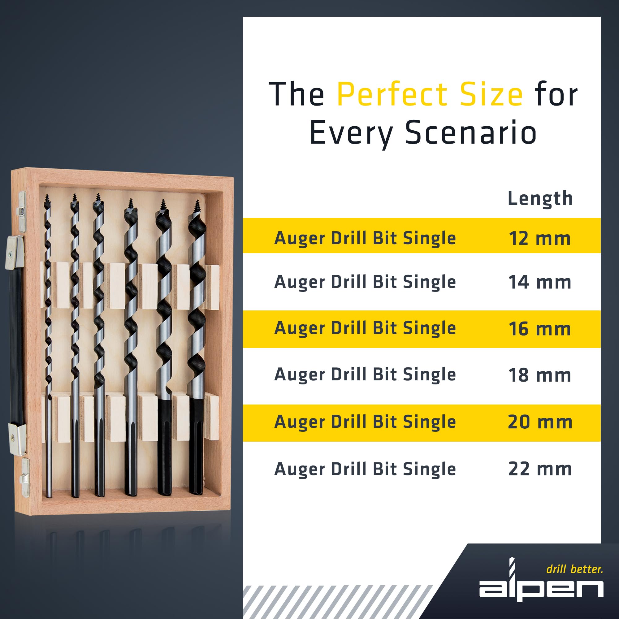 Alpen Set di 6 punte per trapano a trivella per legno, lunghe 45,7 cm, metriche per legno duro e morbido, punte extra lunghe con bordi affilati per fori precisi e foratura senza sforzo, punte durevoli