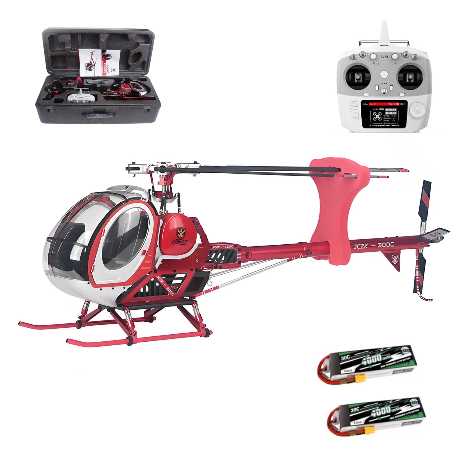 RC-Hubschrauber, 300C PRO 2.4 GHz 3-Blatt-Flybarless-RC-Hubschraubermodell mit 2 Akkus H1 Smart Flight Control GPS-Positionierung zu öffnendem Cockpit Militärflugzeugmodell(Red,Left-hand throttle)