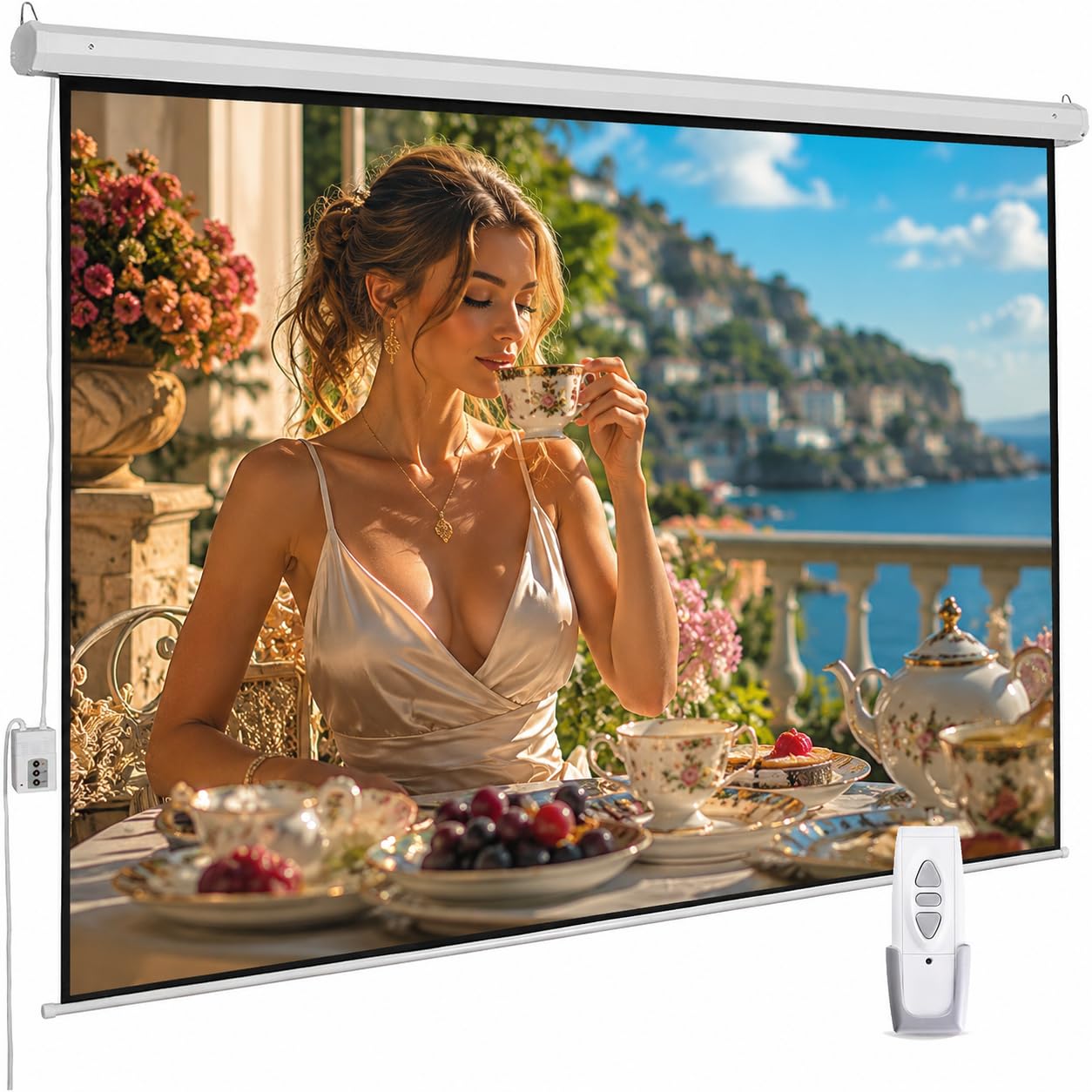 Schermo per proiettore motorizzato da 110 pollici, elettrico 4:3 con telecomando, schermo cinematografico HD per interni/esterni, montaggio a parete/soffitto, perfetto per casa, ufficio, teatro, TV