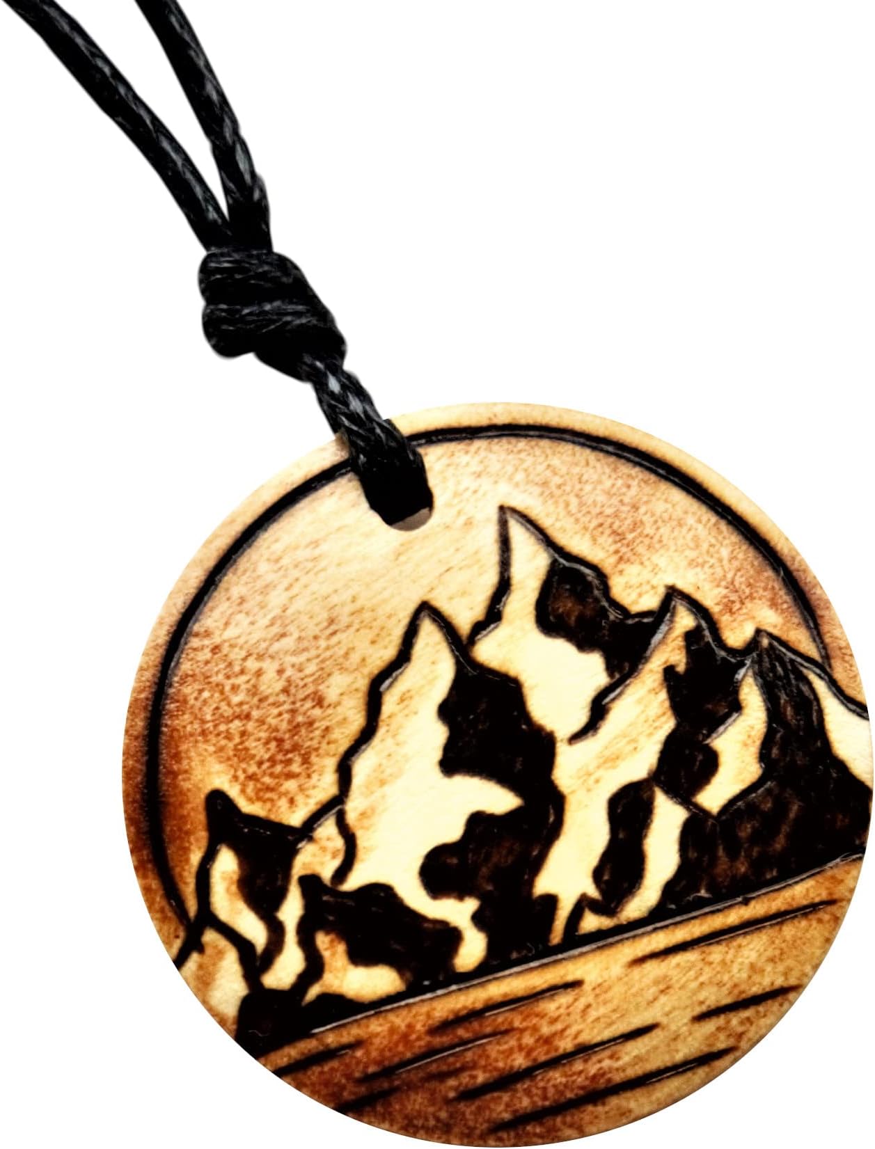 HandmadeMens Mountain Necklace Wooden Pendant Personalised Handmade on Black Faux Leather Cord