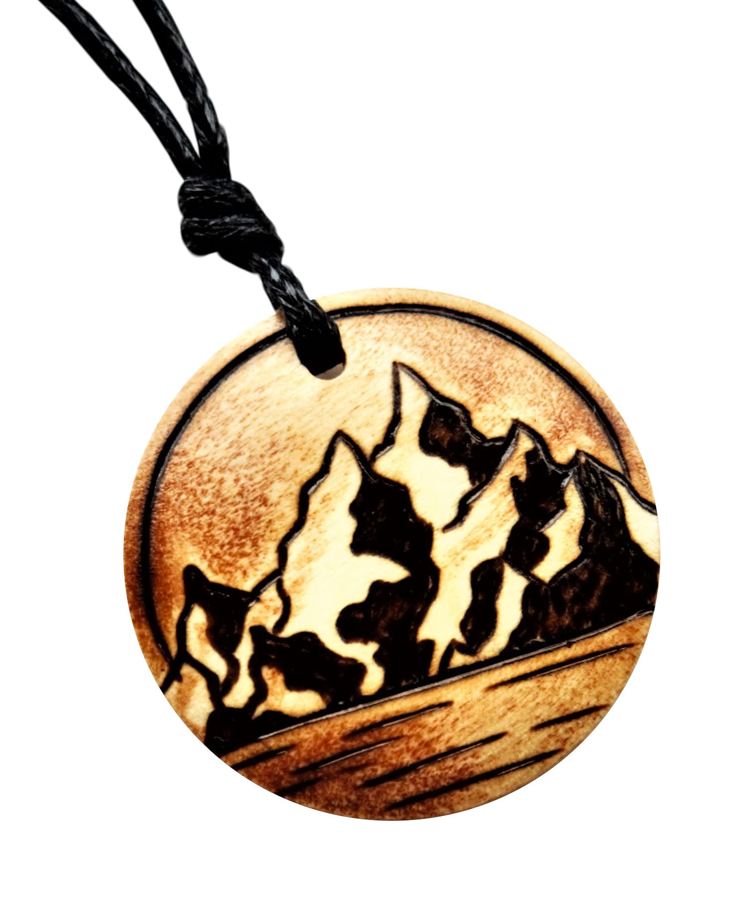 HandmadeMens Mountain Necklace Wooden Pendant Personalised Handmade on Black Faux Leather Cord