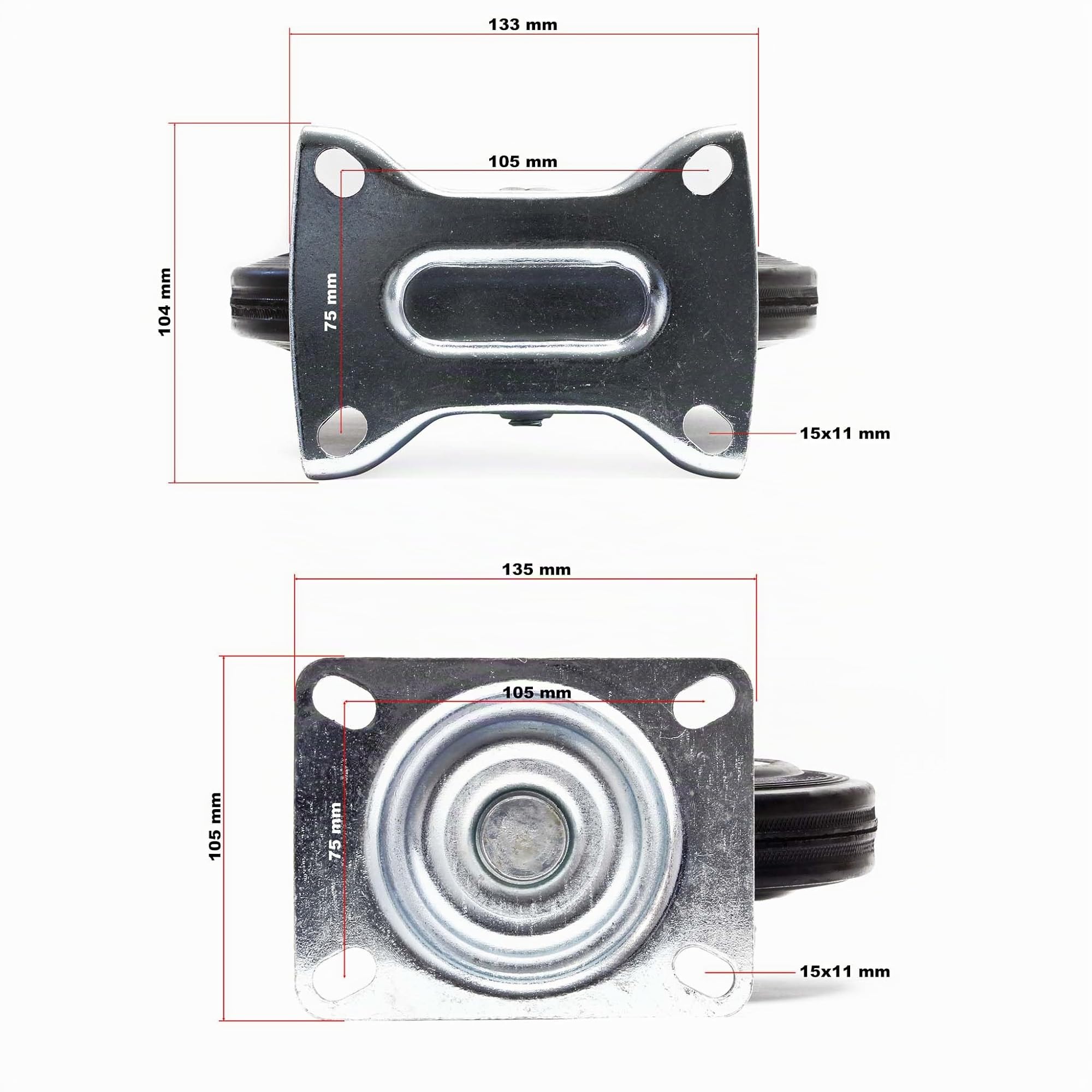Wiltec Kit de 4 Roulettes – Ø 200 mm – Capacité 150 kg – 2x Roulette pivotante, 2 x Roulette fixe – Roue en caoutchouc avec Plaque de montage Jante métallique – Dispositif de transport, diable