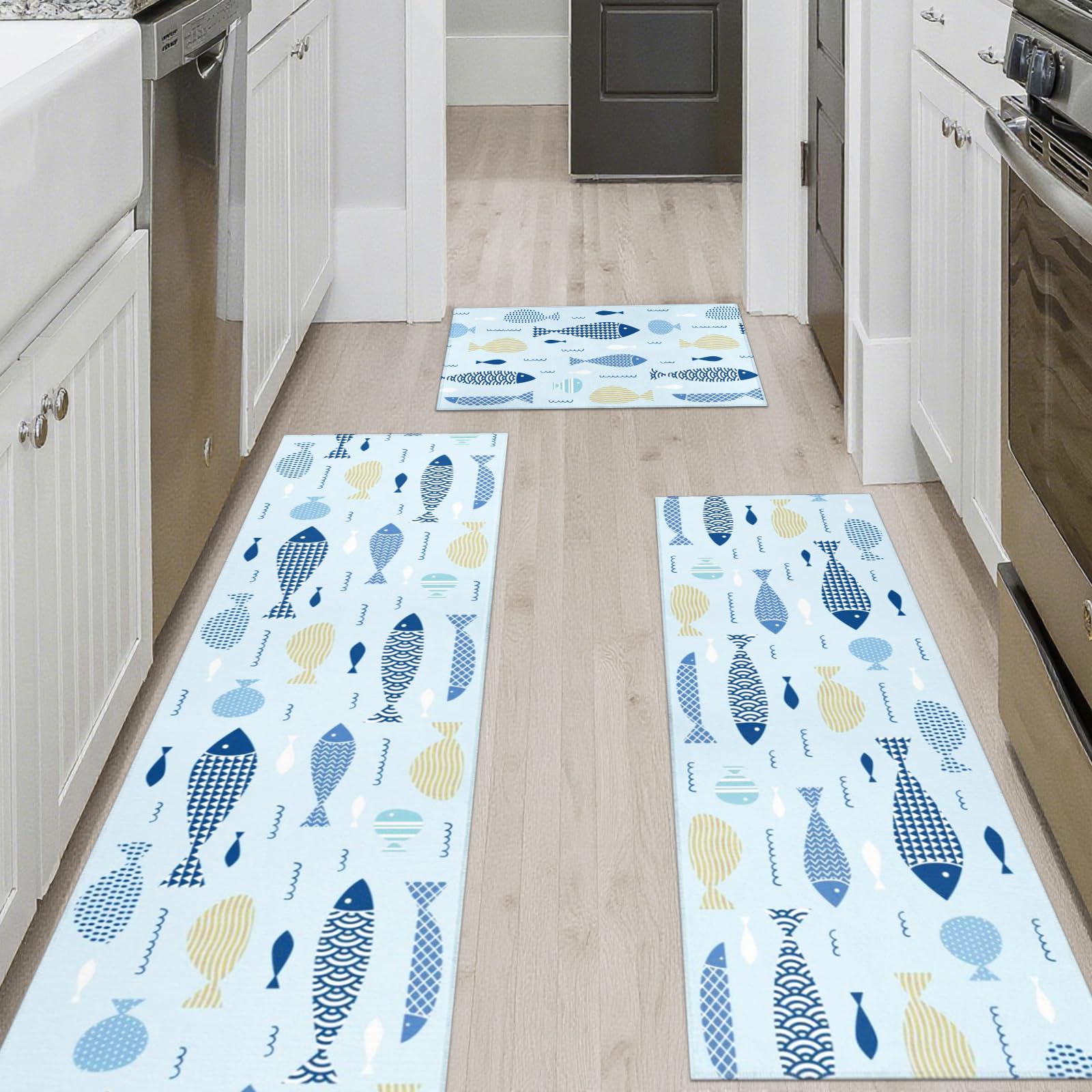 PKAGQEM Coastal Kitchen Rugs and Mats Set of 3, Blue Summer Farmhouse Beach Nautical Fish Non-Skid Washable for Kitchen Floor Sink Mats Decor and