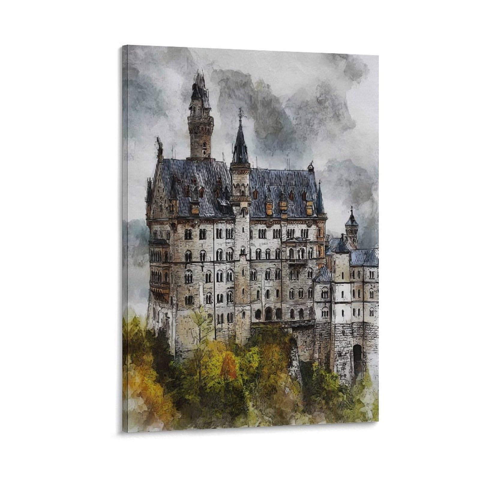 Lcynnh Frame-Style Schwangau Neuschwanstein 24X36inch(60X90cm) Vintage Travel Poster Watercolor Canvas Art