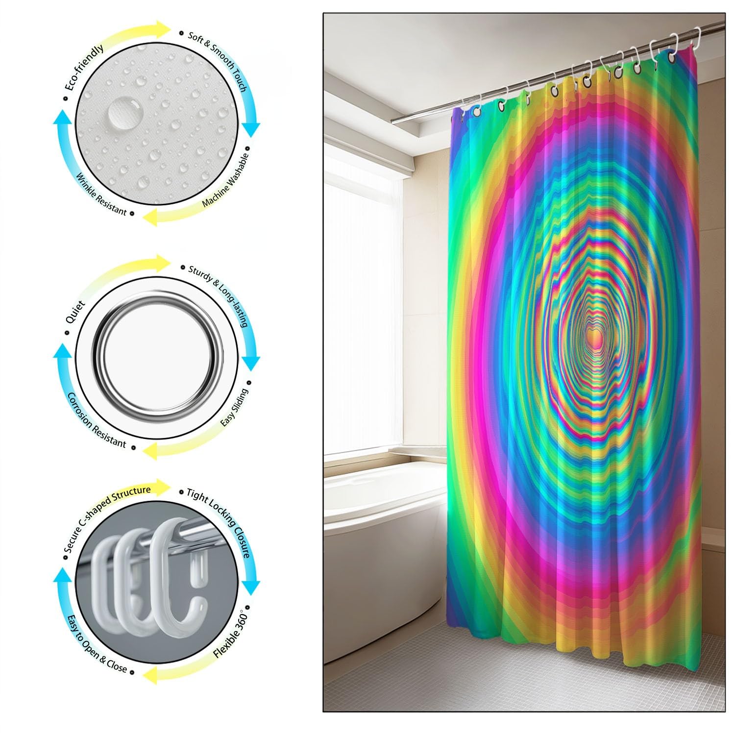 Generico Fantasia Tenda Da Doccia Luminoso Illusione ottica Multicolore, Tenda Da Doccia Per Bagno, Vasca Da Bagno, Tenda In Poliestere Impermeabile Con Ganci In Plastica, 180 x 200 cm