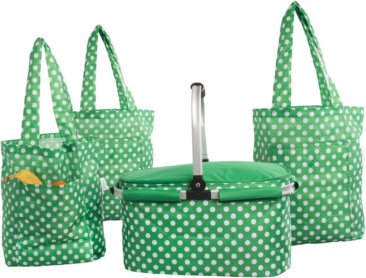 4pc Sachi Insulated Collapsible Shopping Bags and Basket with Handle & Picnic Folding Reusable Tote Bags