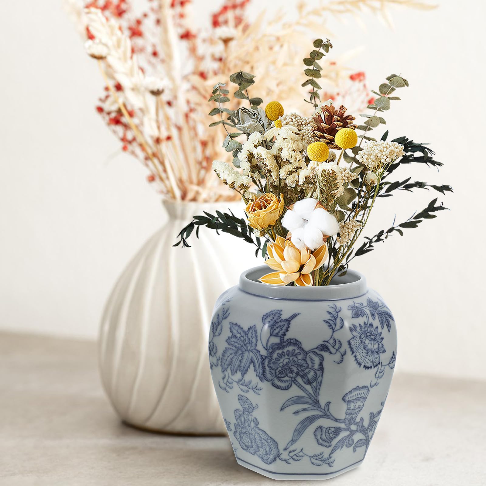 DOITOOL Jarrón Floral de Cerámica Azul Estilo Chino Diseño Delicado y Tacto Agradable para Decoración en Hogares y Entradas
