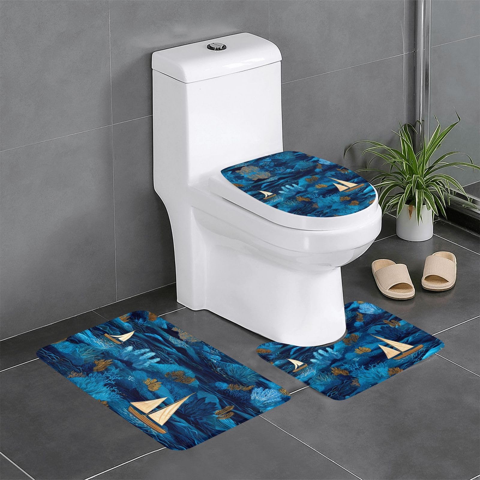 Tapis de salle de bain bleu ocean HJFCZH lot de 3 pour toilettes et lavabo