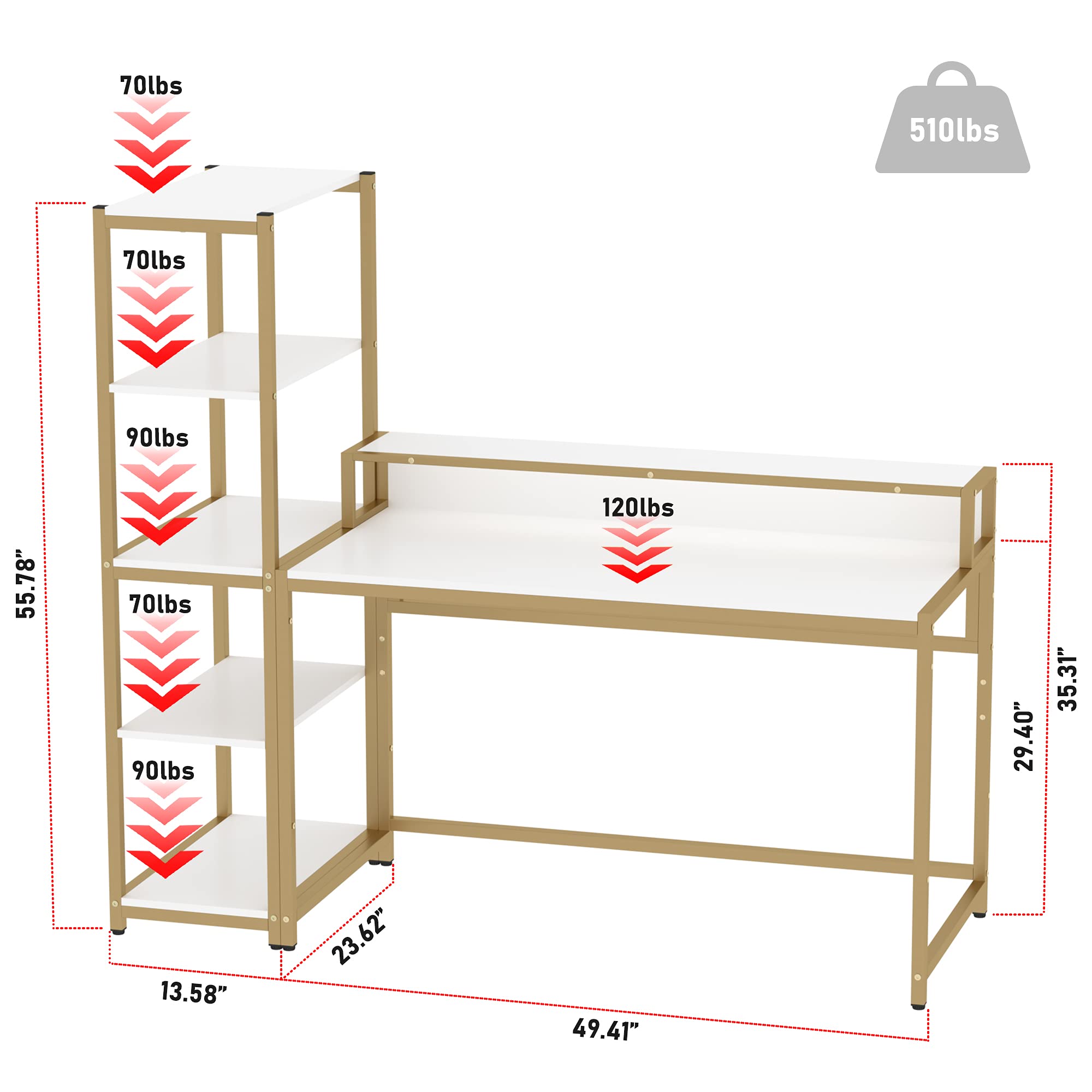Teraves Computer Desk with 5 Tier Shelves,Reversible Writing Desk with Storage 47 Inch Study
