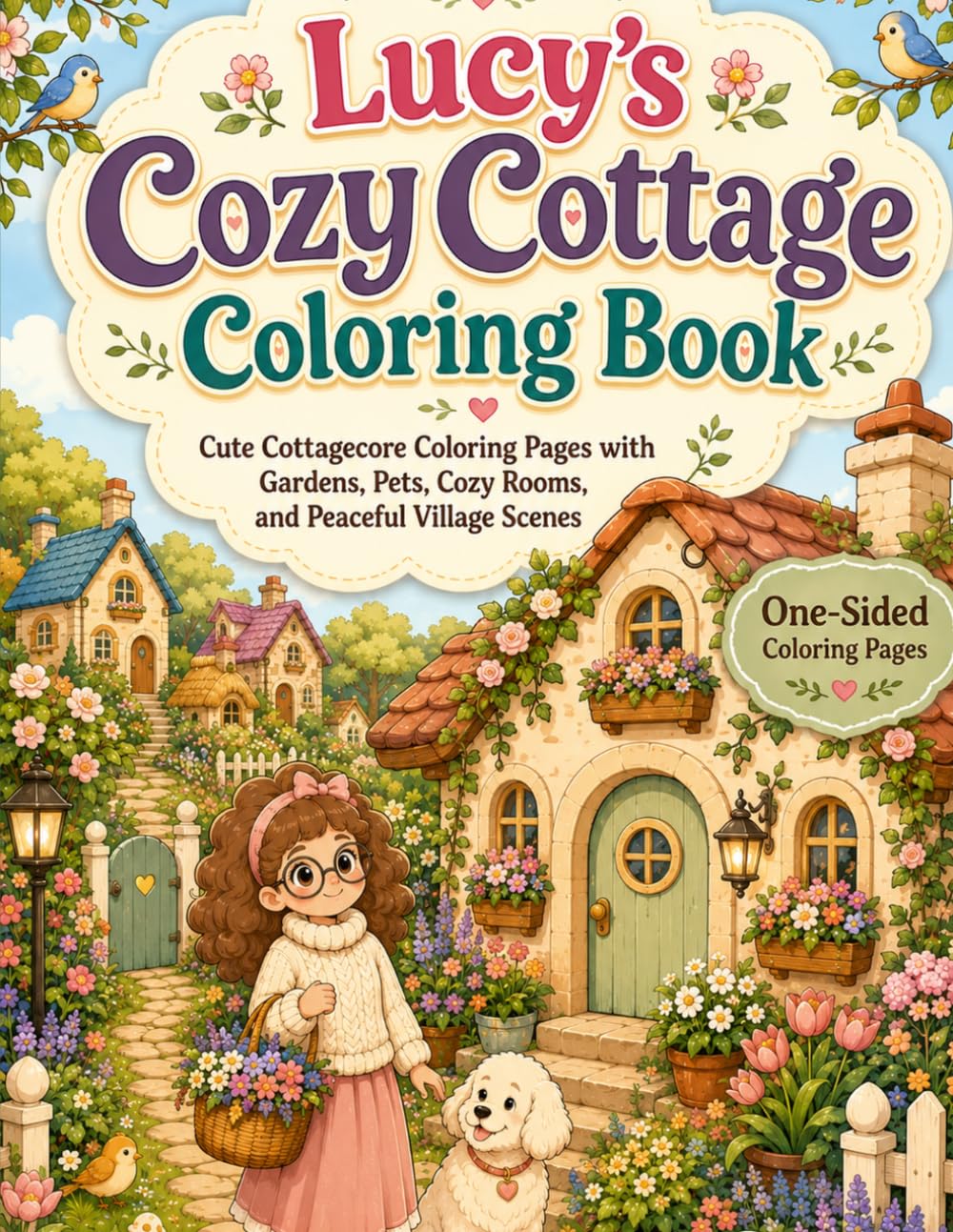 Lucy's Cozy Cottage Coloring Book: Cute Cottagecore Coloring Pages with Gardens, Pets, Cozy Rooms, and Peaceful Village Scenes