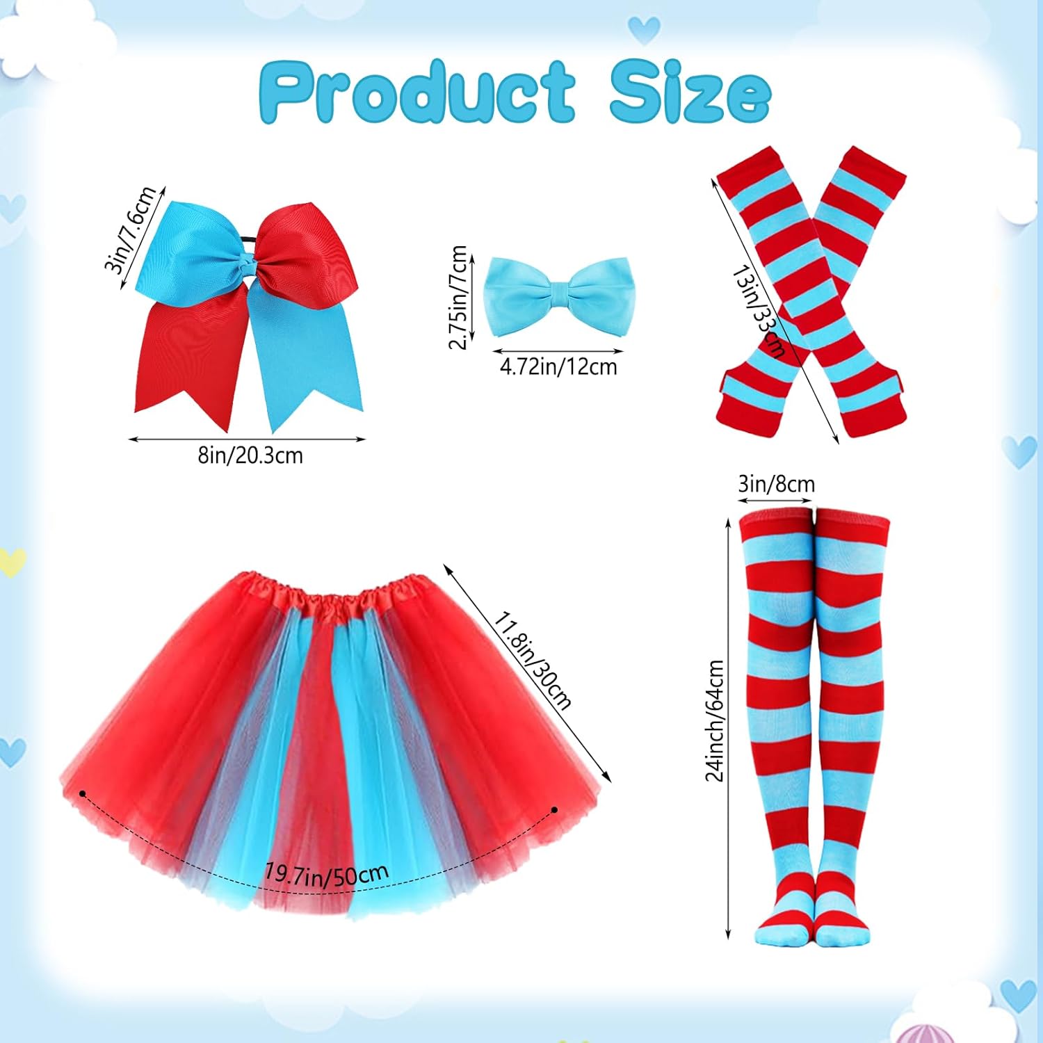 5 PCS World Book Day Thing Costume - Include Red Blue Large Bows Hair Ties Tutu Skirt Bowtie Striped Gloves and Knee Socks for 101 Days of School Dress Up - Image 2