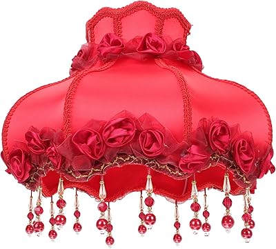 VOSAREA European Style Lampshade Vintage Cloth Art Bead Lace Lampshade Dome Tassel Lampshade Table Light Cover (Red)