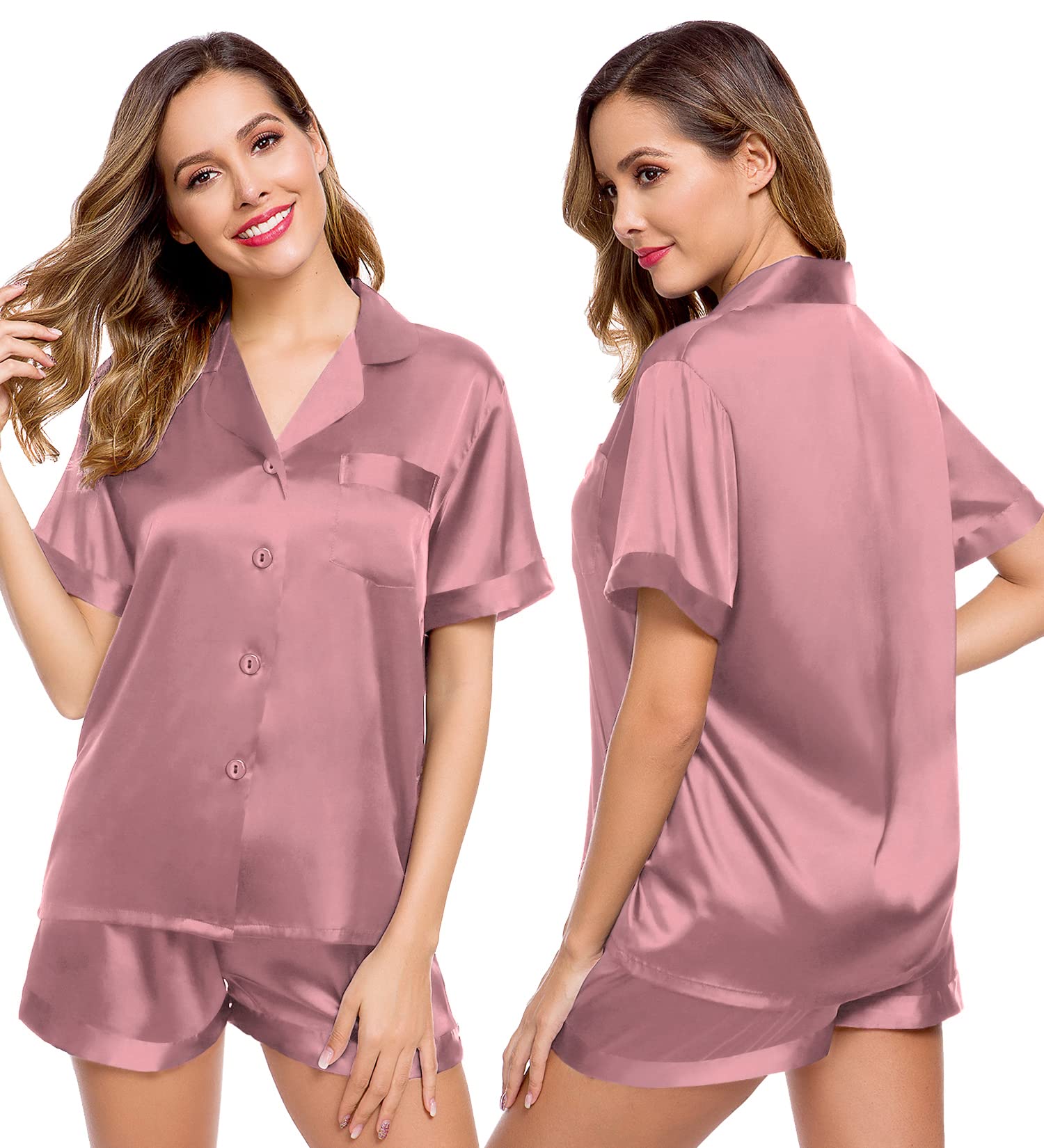 LecGee Womens Silk Satin Pajamas Short Sleeve Loungewear Two-Piece Sleepwear Button-Down Pj Set
