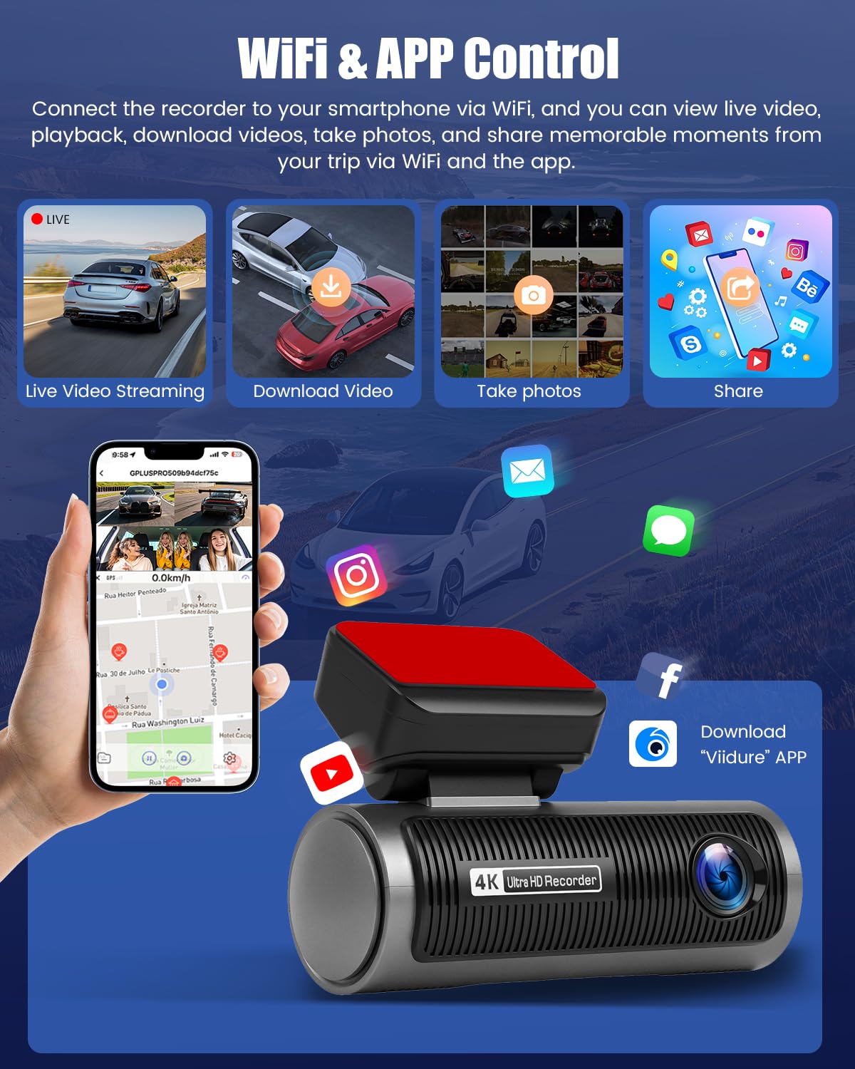 4K Dashcam Auto Anteriore e Posteriore, Dashcam Auto a doppio canale con Scheda SD da 64GB, Touchscreen IPS da 3,2", Grandangolo, Visione Notturna IR 8, Sensore G, con WiFi e Registrazione in Loop