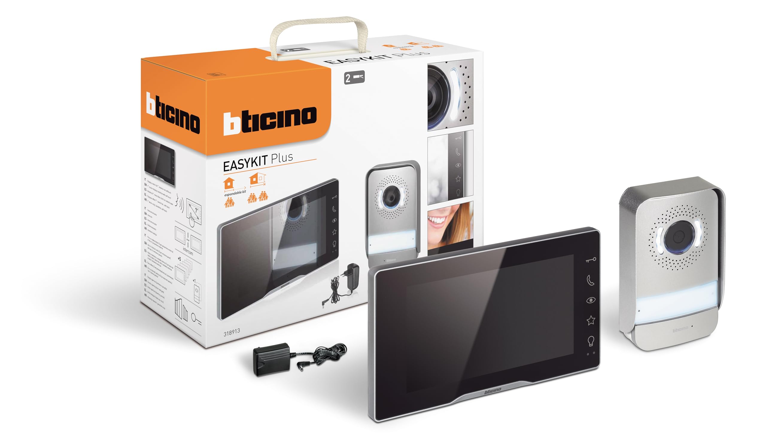 BTICINO 318913 Videocitofono Easykit Plus, Kit Monofamiliare Espandibile, Plug-​In 2 Fili, Monitor 7" a Colori, Vivavoce, Visione Notturna, Audio Bidirezionale, Pulsantiera Esterna con Telecamera
