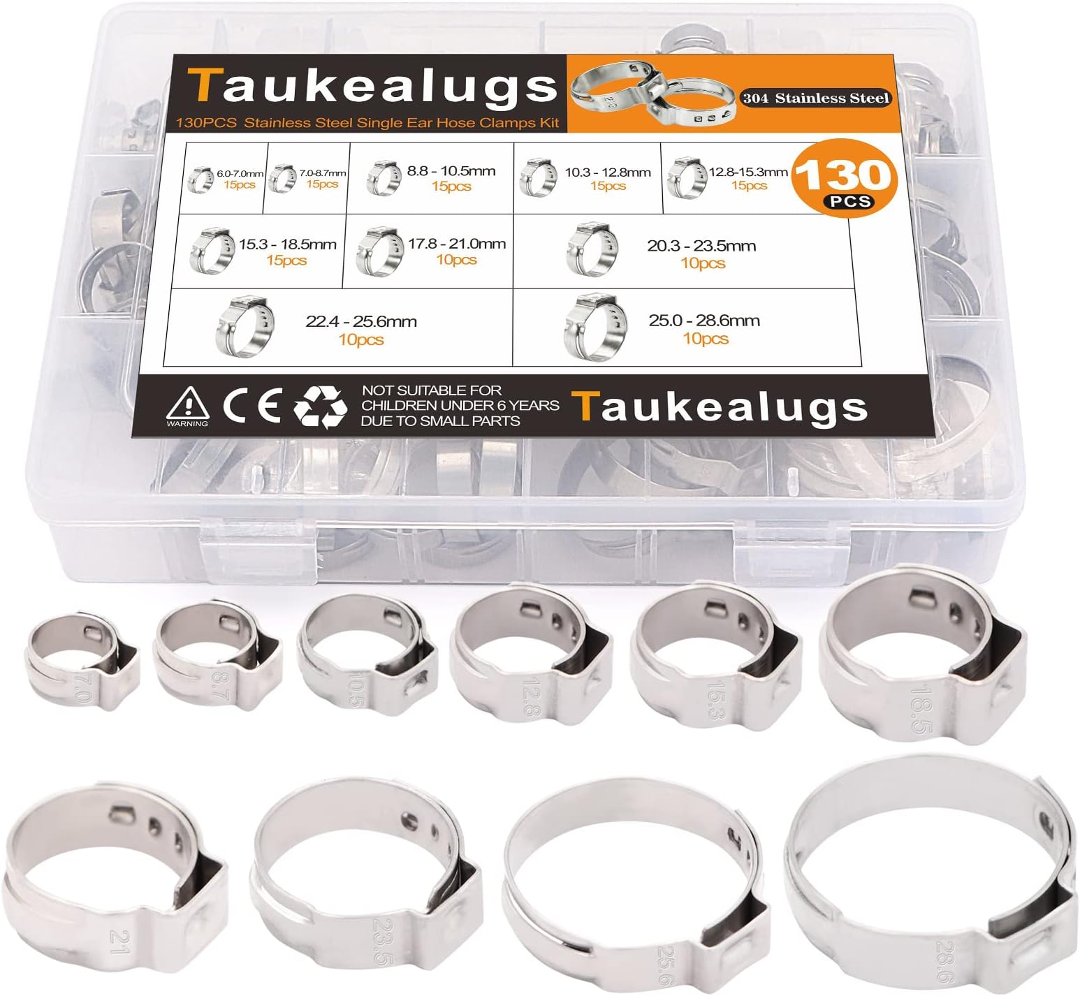 130Pcs Single Ear Fuel Line Crimp Hose Clamps 10 Sizes 6-28.6mm 304 Stainless Steel for Gas Pipe Automotive