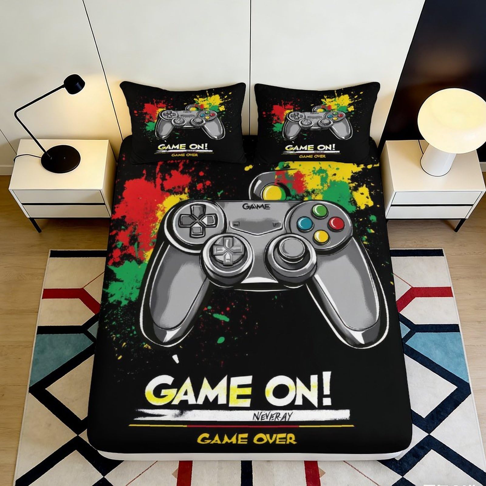 3D Printed Game Controller Fitted Sheet Microfiber Soft Black Splash Mattress Cover for Bedroom Dorm Decor 120x200x25cm