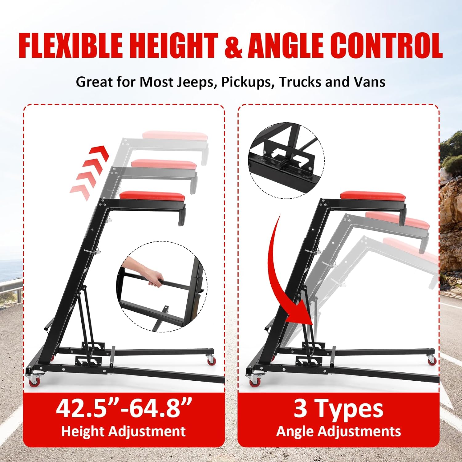 Top Side Engine Creeper, 400lbs Capacity Foldable Automotive Creeper with Adjustable Height (48" to 66") & Locking Wheels - Mechanic Creeper for Truck, SUV, Garage Workshop Repair